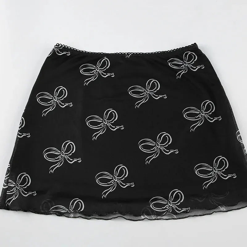 Bow Printed Mesh Skirt Pink Black Summer 2024 Women 2000’s Clothes Y2k Low Waist A Line Mini Skirts P84-BF25