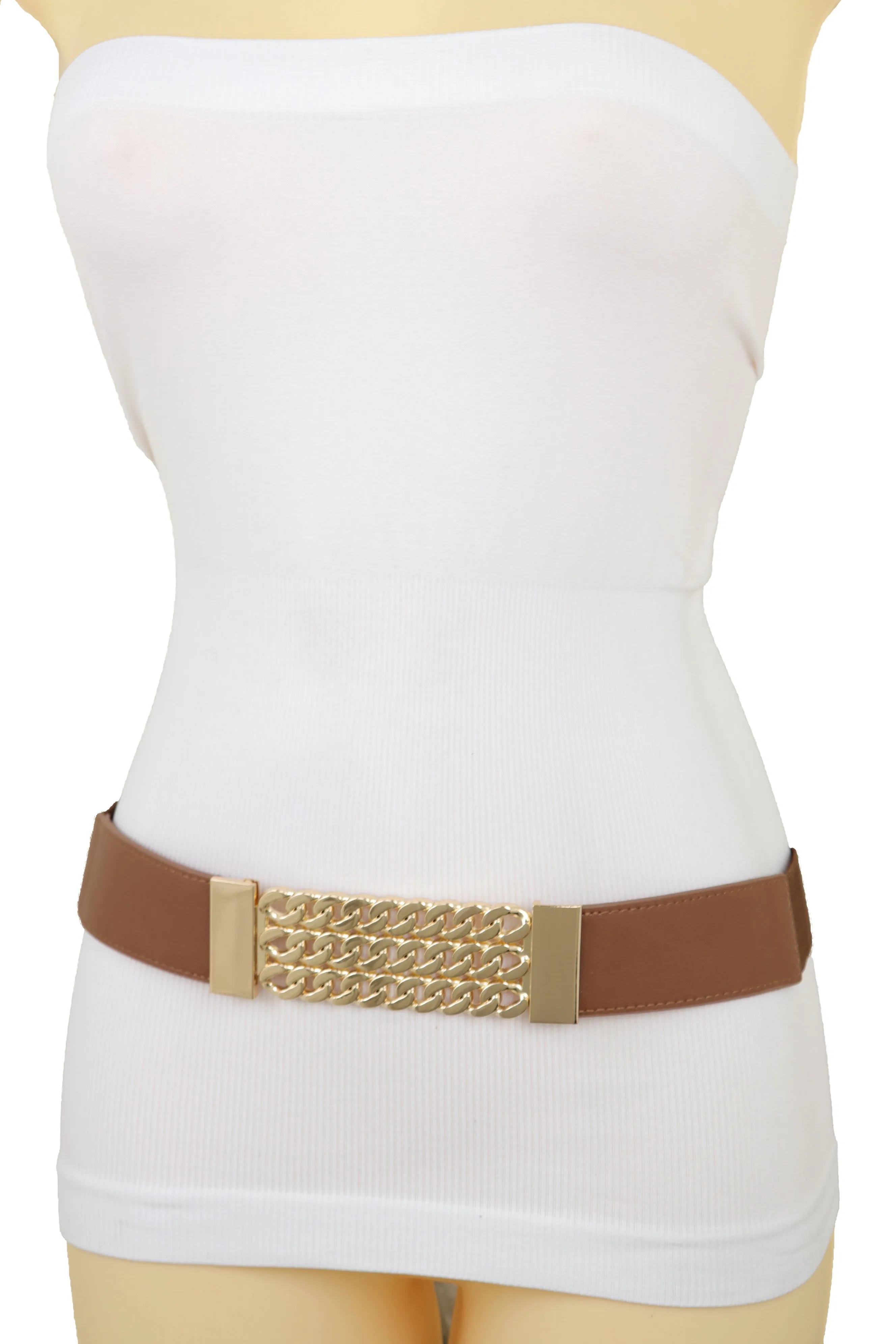 Brown Elastic Waistband Fashion Belt Gold Metal Chain Links Plate Size S M