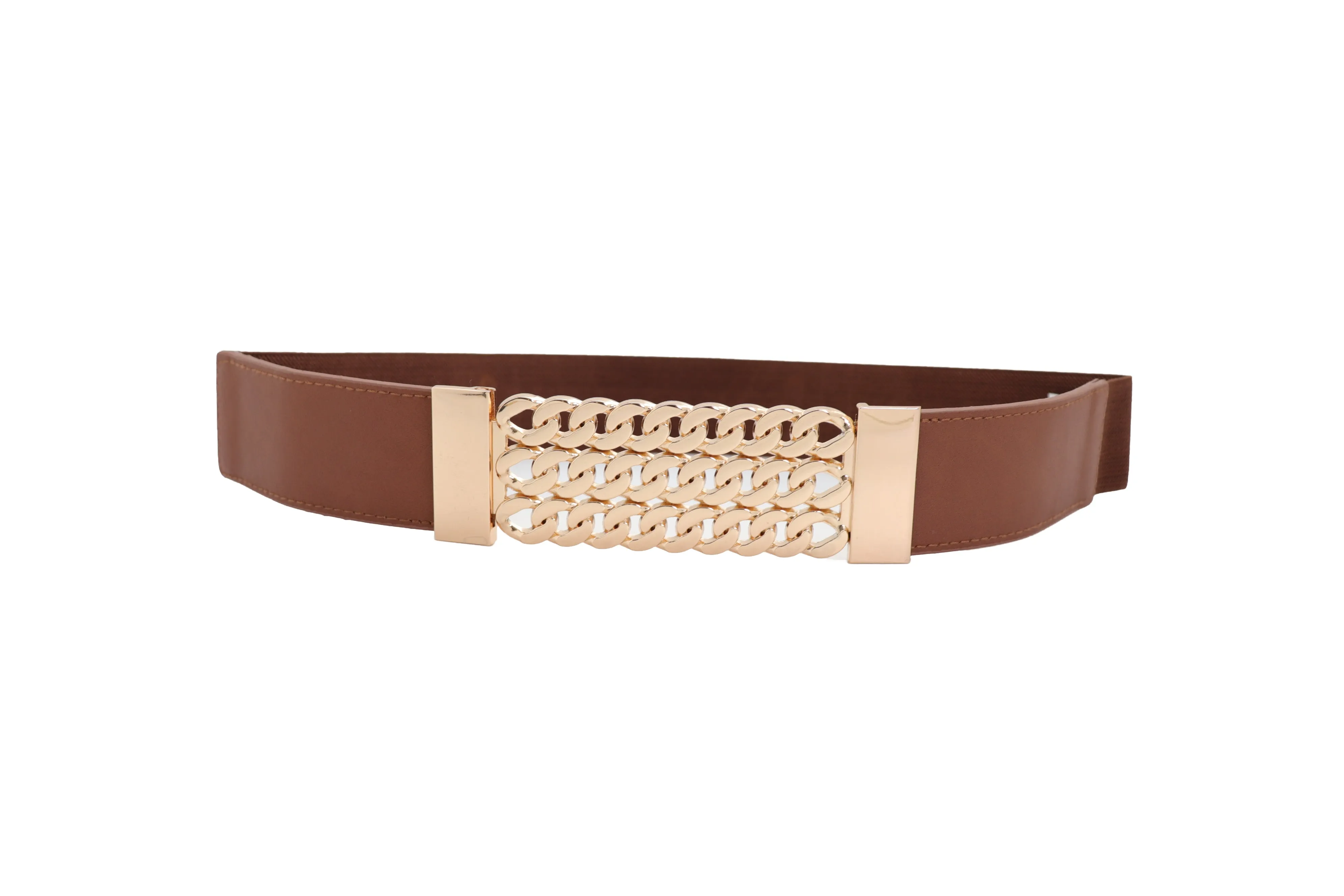 Brown Elastic Waistband Fashion Belt Gold Metal Chain Links Plate Size S M