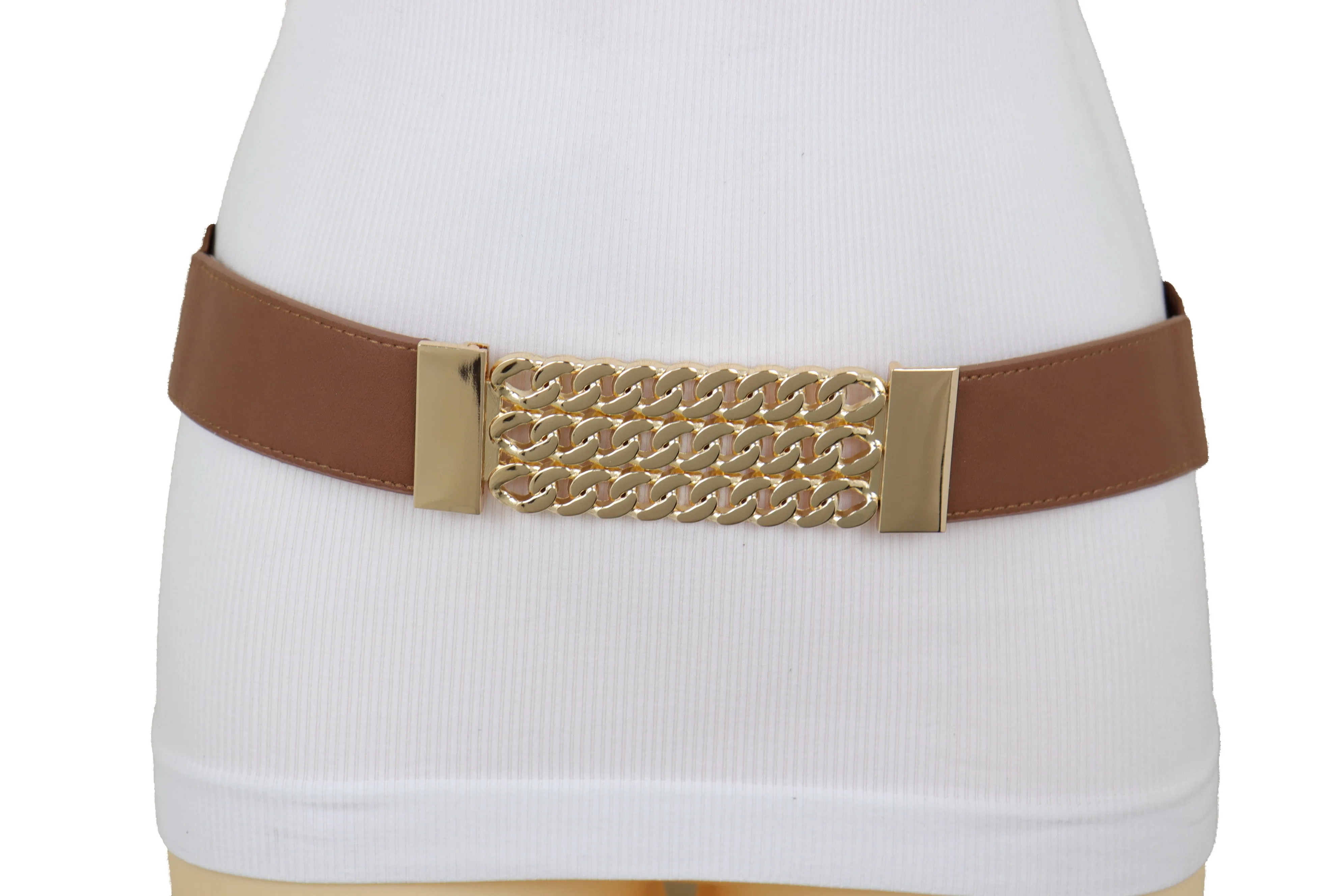 Brown Elastic Waistband Fashion Belt Gold Metal Chain Links Plate Size S M