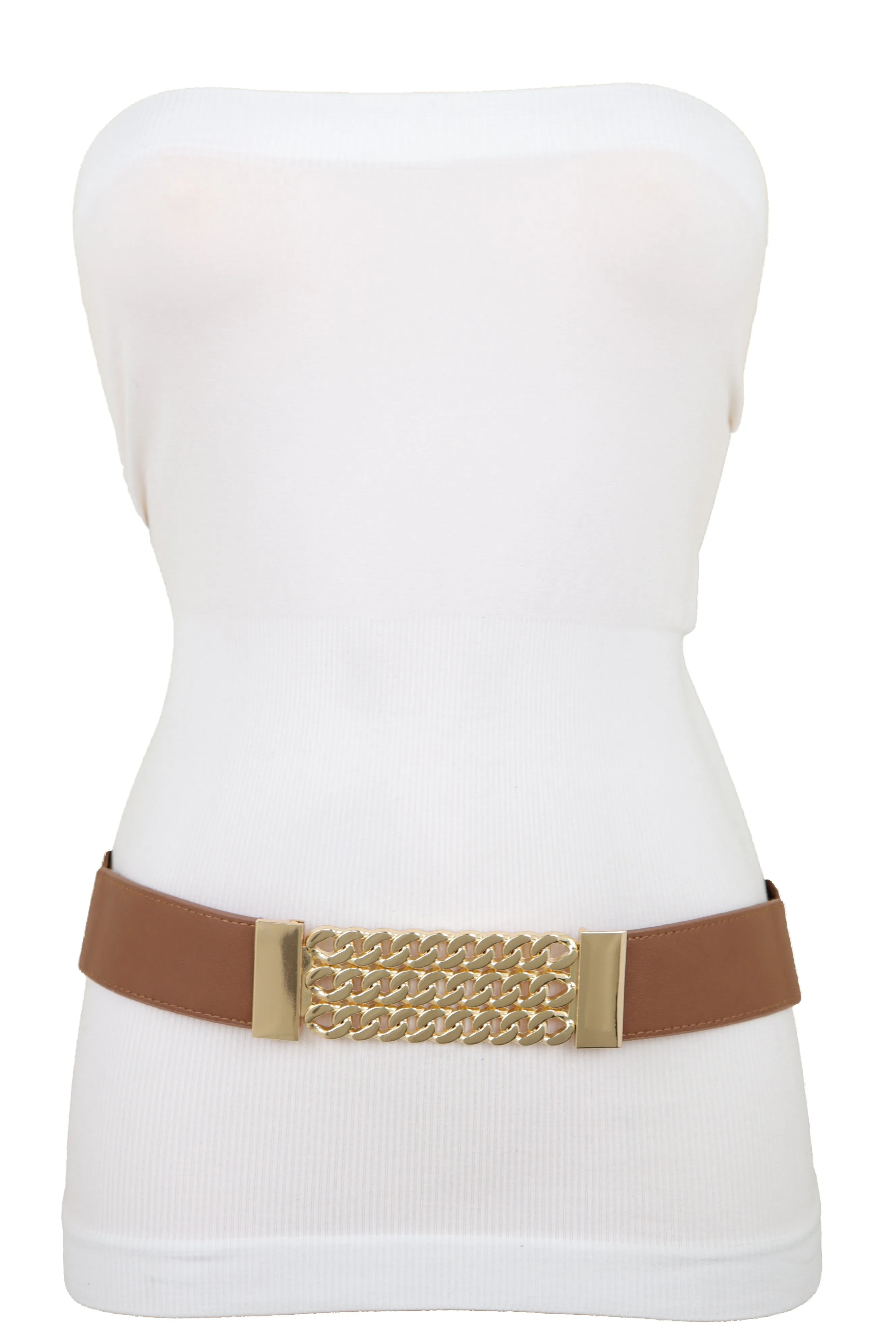 Brown Elastic Waistband Fashion Belt Gold Metal Chain Links Plate Size S M