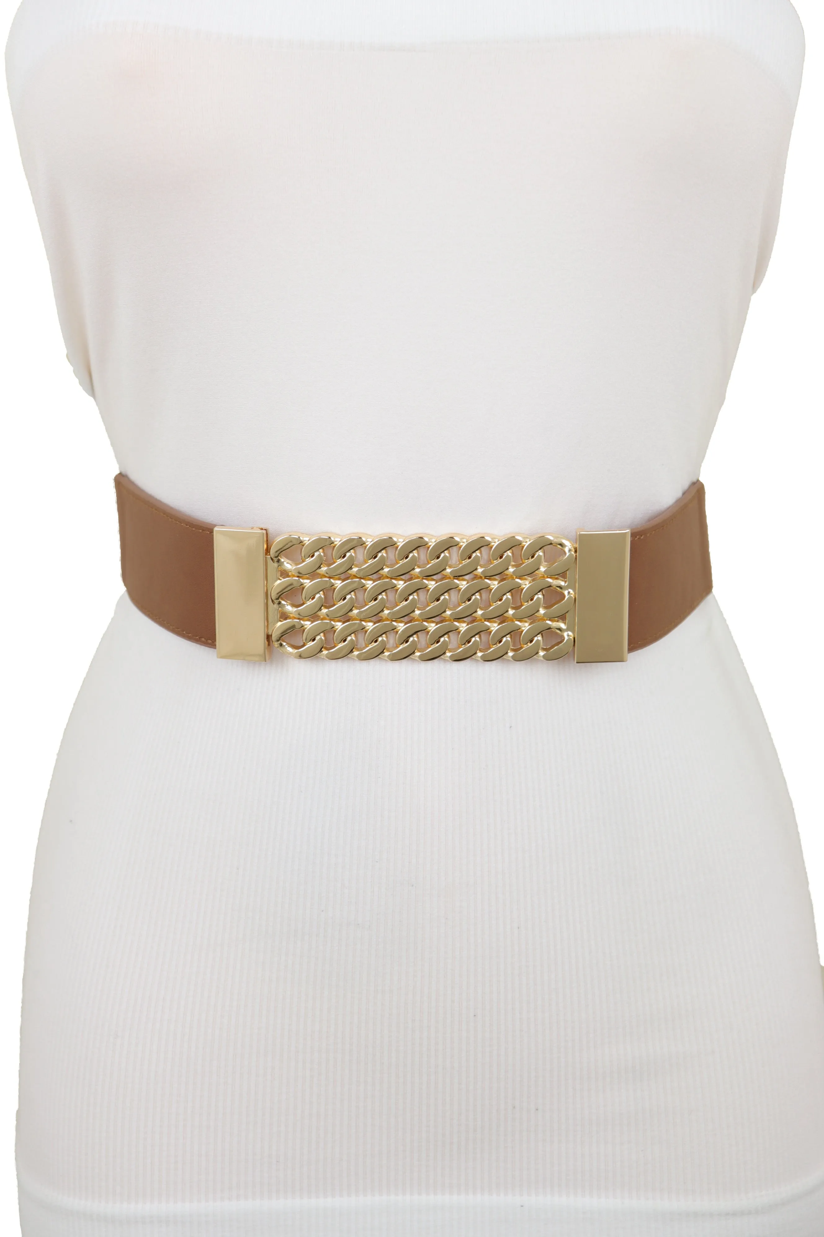 Brown Elastic Waistband Fashion Belt Gold Metal Chain Links Plate Size S M