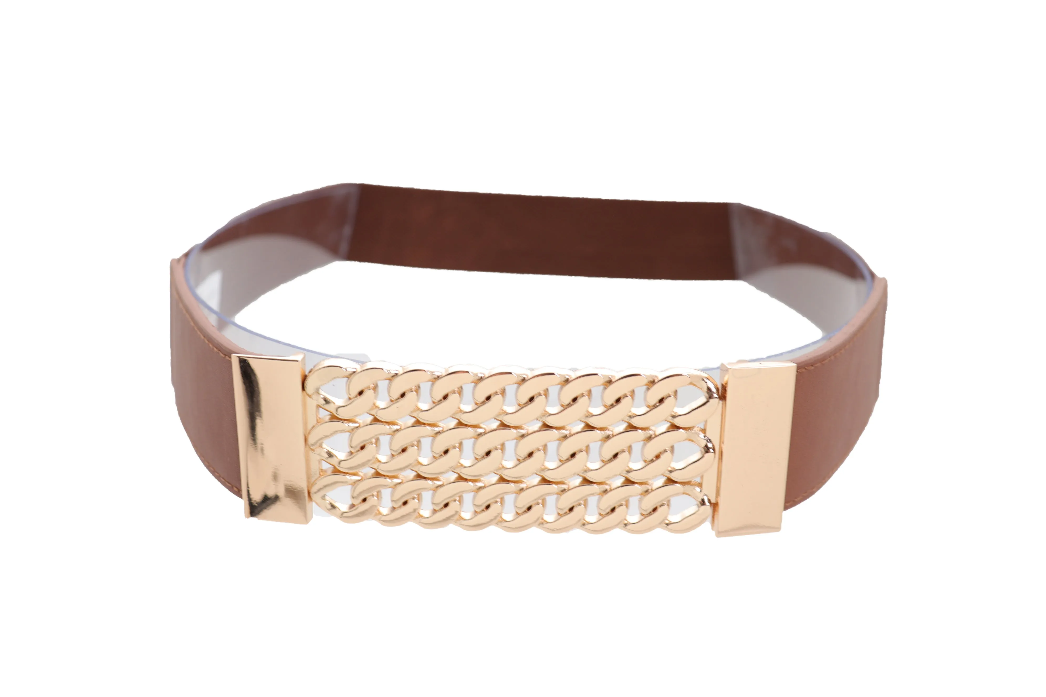 Brown Elastic Waistband Fashion Belt Gold Metal Chain Links Plate Size S M