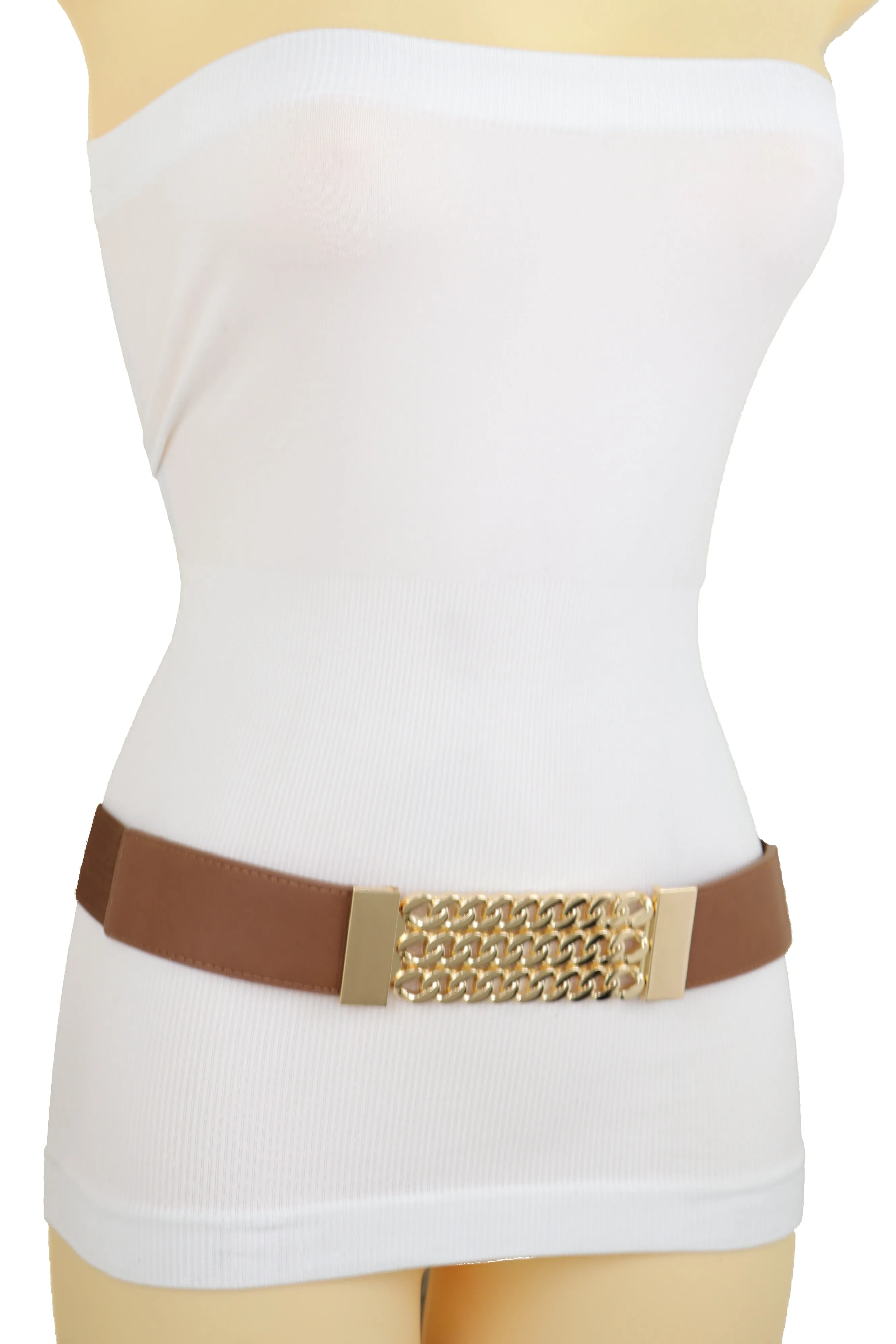 Brown Elastic Waistband Fashion Belt Gold Metal Chain Links Plate Size S M