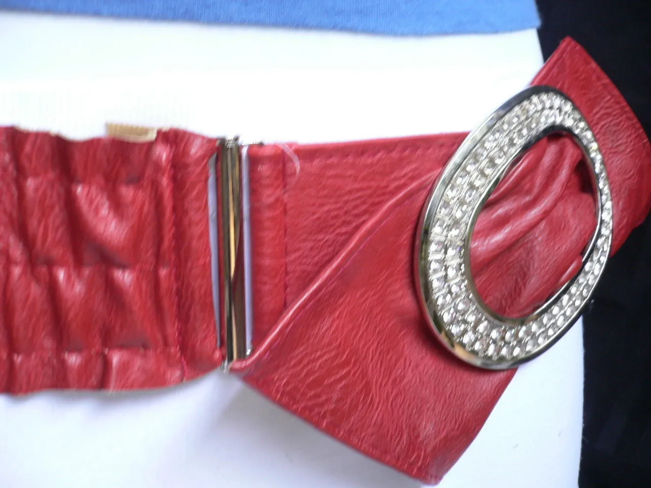 Brown Red Faux Leather Belt Big Bow Multi Rhinestones Oval Buckle XS M