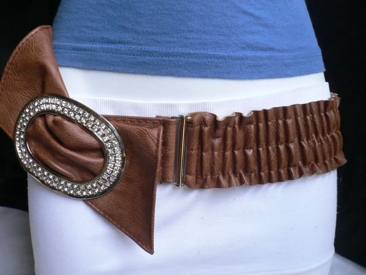 Brown Red Faux Leather Belt Big Bow Multi Rhinestones Oval Buckle XS M