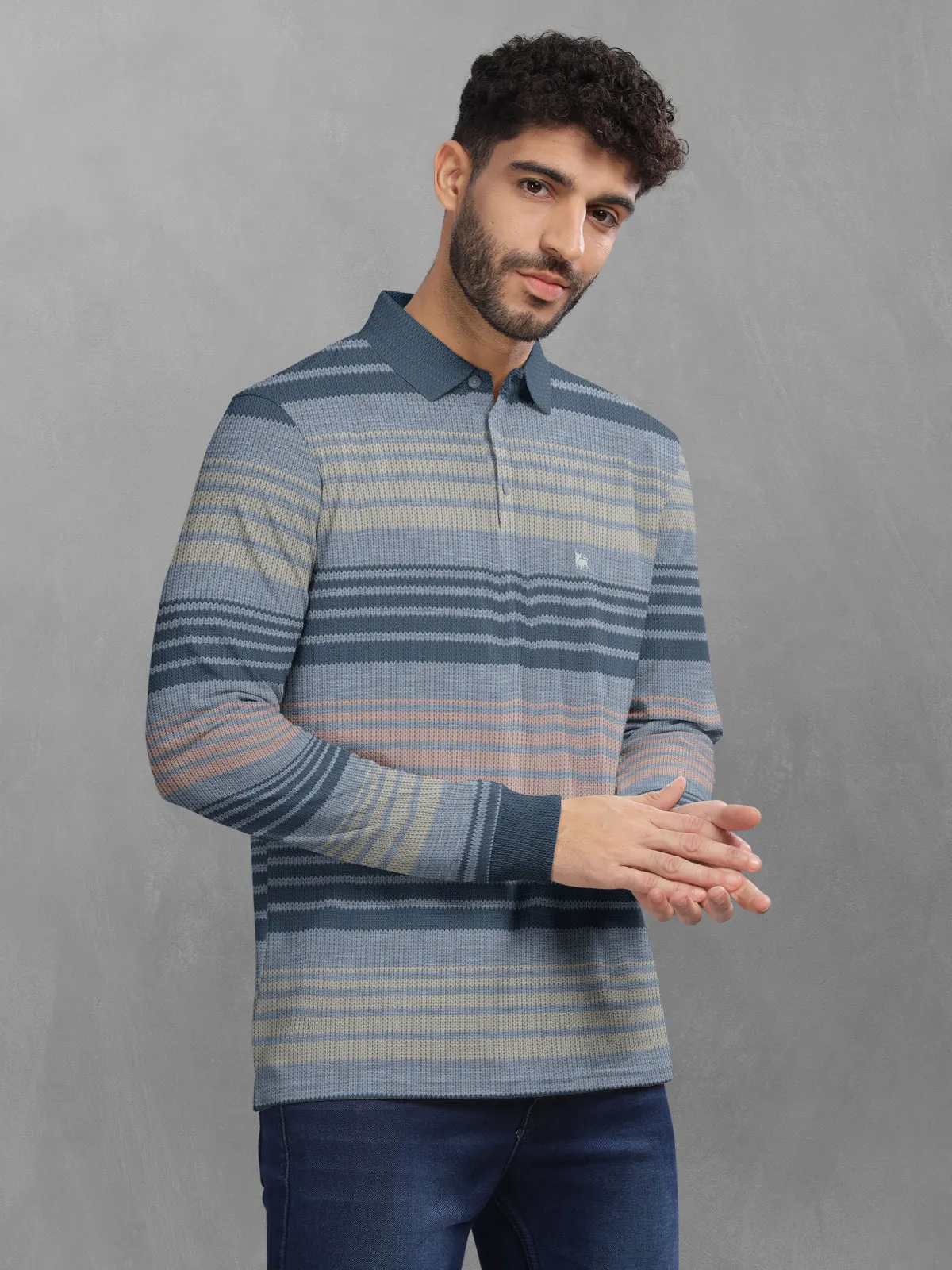 BULLMER Grey Striped Textured Printed Polo Neck FullSleeve T-shirt With Rib For Men