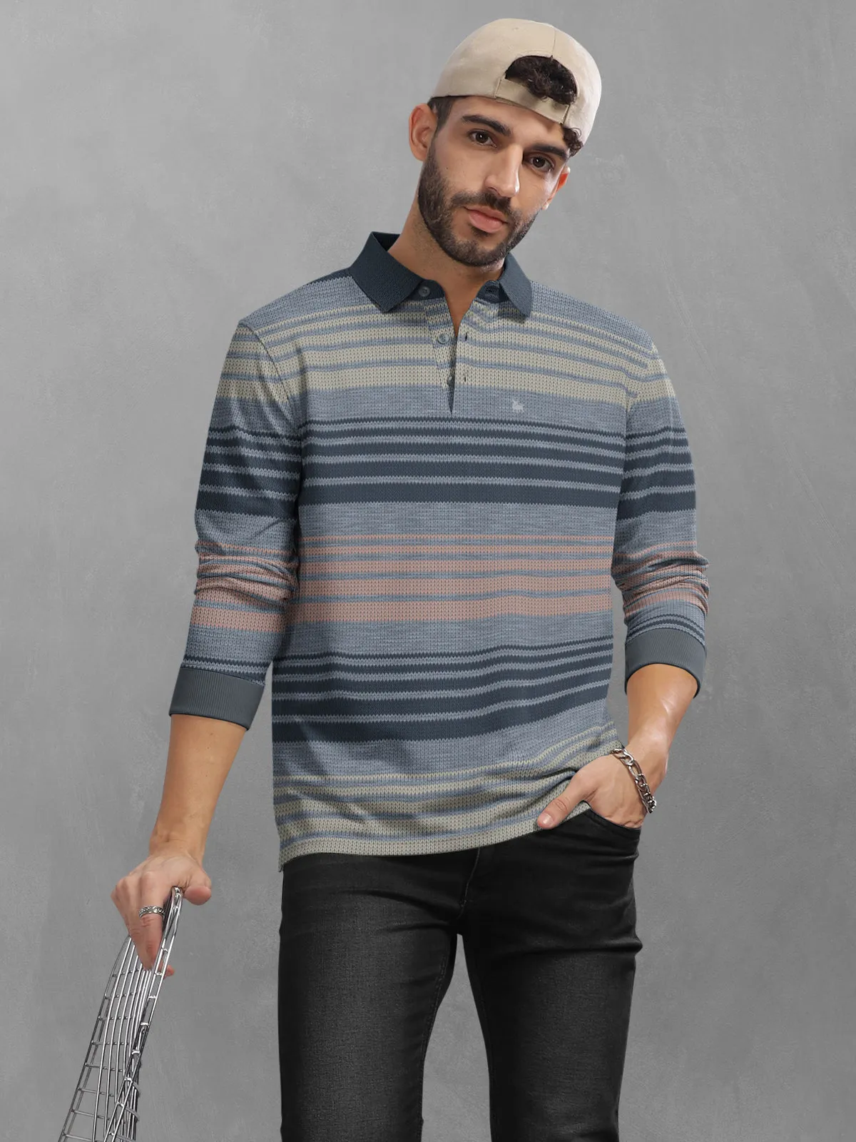 BULLMER Grey Striped Textured Printed Polo Neck FullSleeve T-shirt With Rib For Men