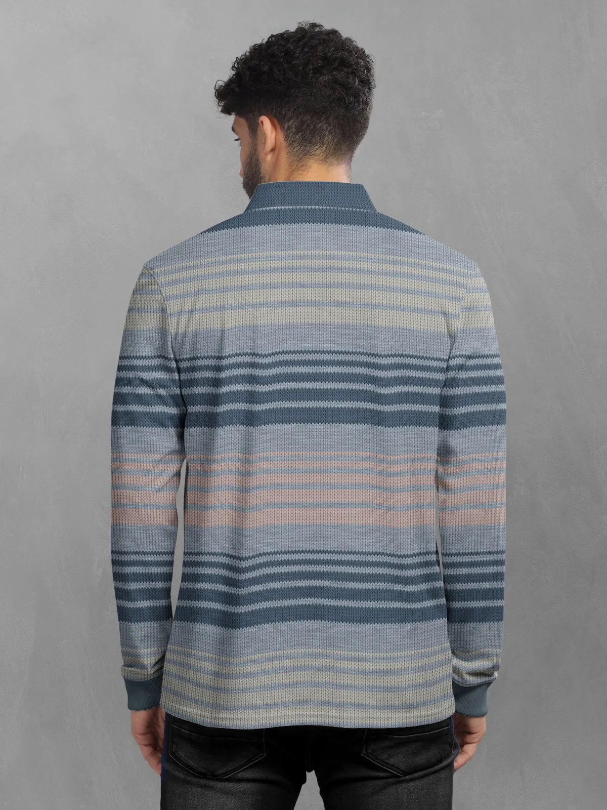 BULLMER Grey Striped Textured Printed Polo Neck FullSleeve T-shirt With Rib For Men