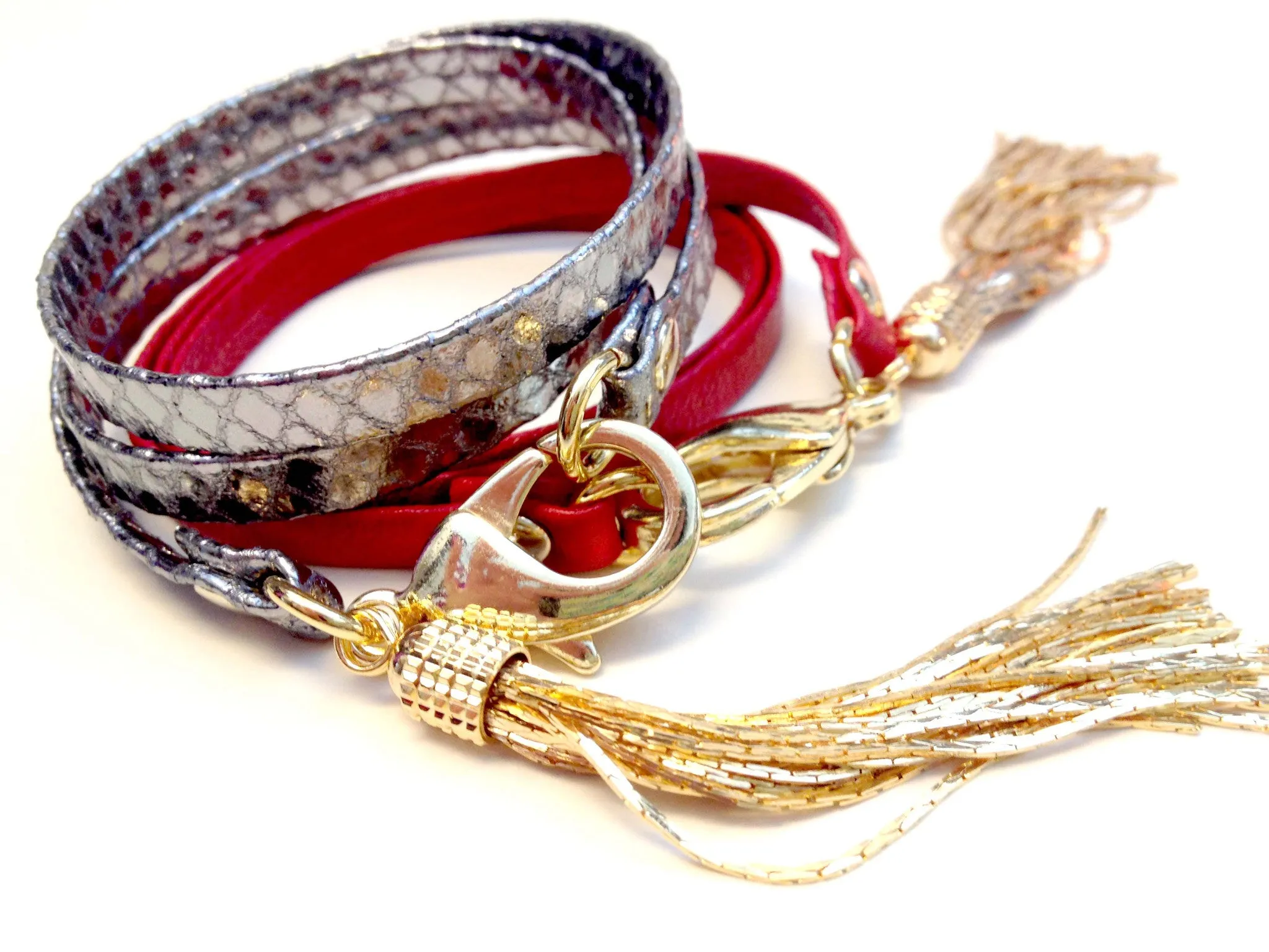 Candy Apple Red and Pewter Snake Skin Leather Triple Wrap Tassel Bracelet