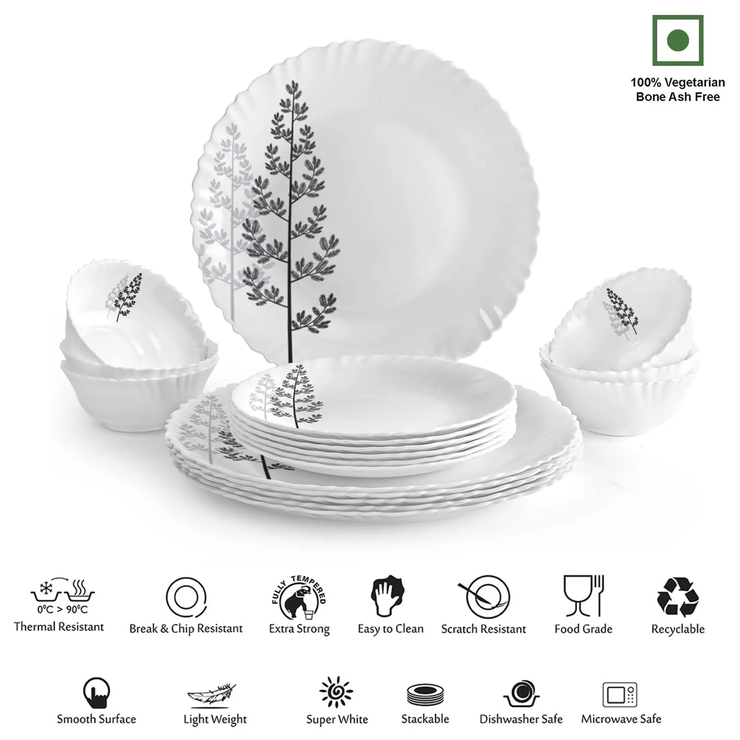 Cello Opalware Dazzle Series Winter Pine Dinner Set, 18 Units | Opal Glass Dinner Set for 6 | Light-Weight, Daily Use Crockery Set for Dining | White Plate and Bowl Set