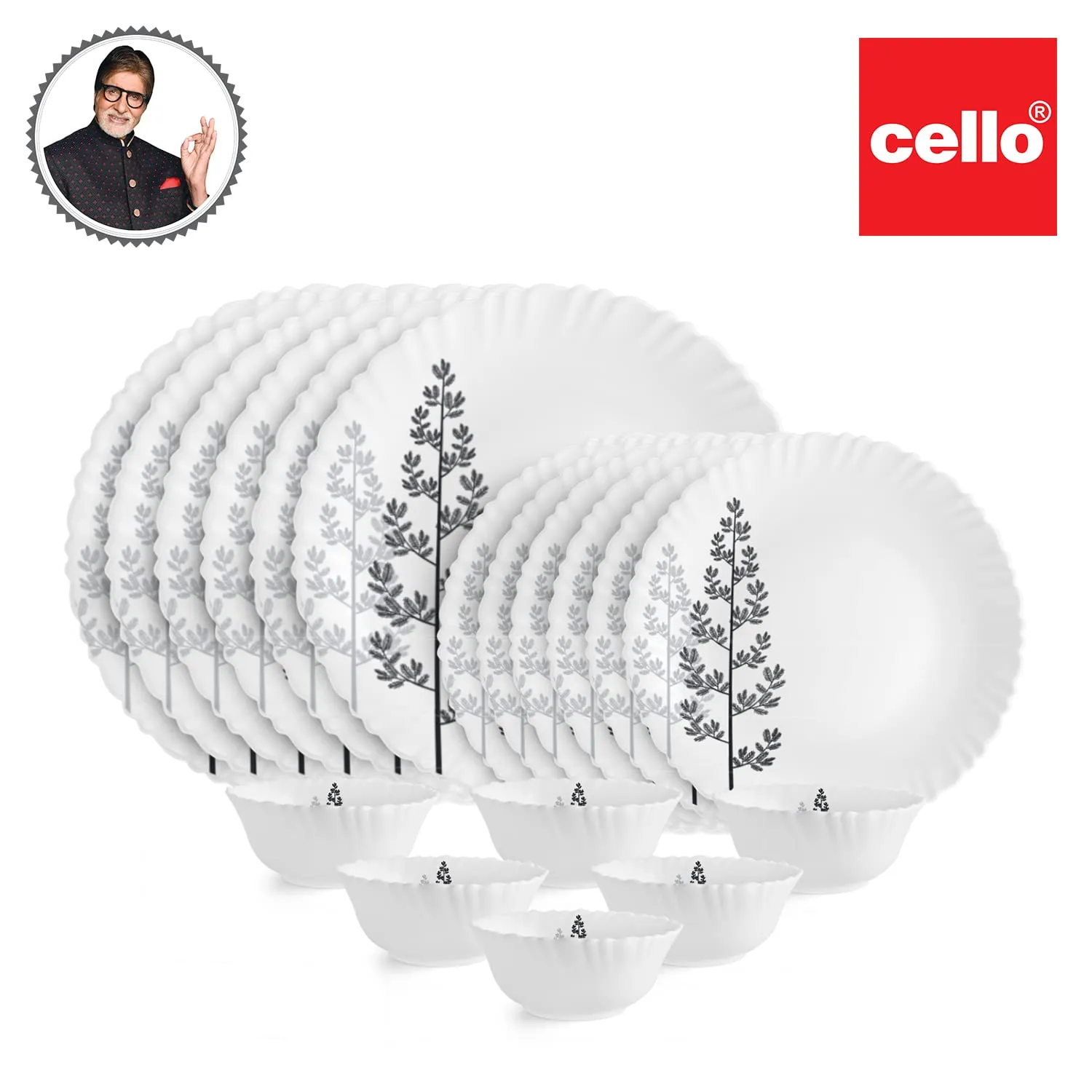 Cello Opalware Dazzle Series Winter Pine Dinner Set, 18 Units | Opal Glass Dinner Set for 6 | Light-Weight, Daily Use Crockery Set for Dining | White Plate and Bowl Set