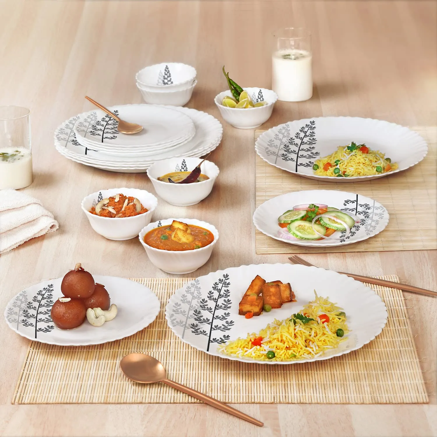 Cello Opalware Dazzle Series Winter Pine Dinner Set, 18 Units | Opal Glass Dinner Set for 6 | Light-Weight, Daily Use Crockery Set for Dining | White Plate and Bowl Set