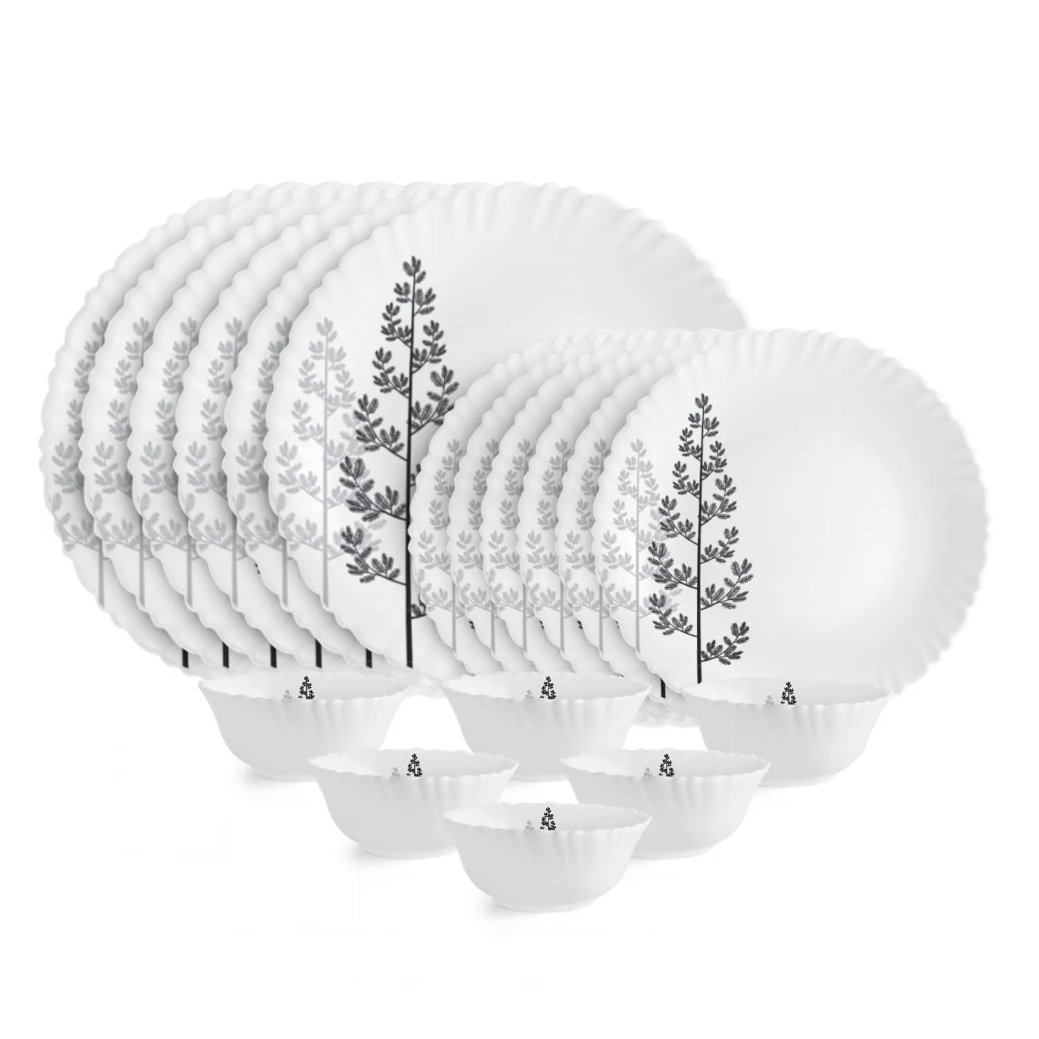 Cello Opalware Dazzle Series Winter Pine Dinner Set, 18 Units | Opal Glass Dinner Set for 6 | Light-Weight, Daily Use Crockery Set for Dining | White Plate and Bowl Set