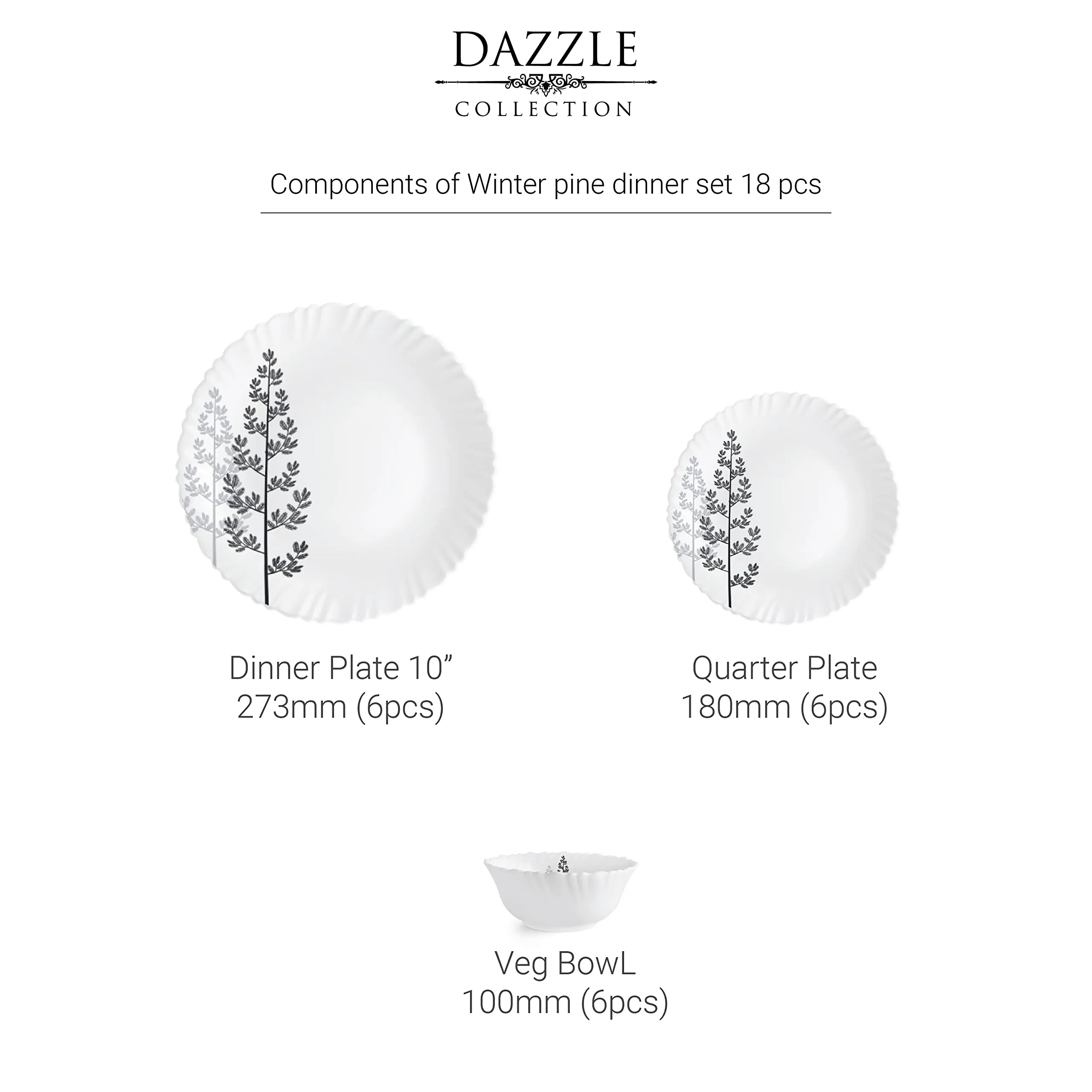 Cello Opalware Dazzle Series Winter Pine Dinner Set, 18 Units | Opal Glass Dinner Set for 6 | Light-Weight, Daily Use Crockery Set for Dining | White Plate and Bowl Set