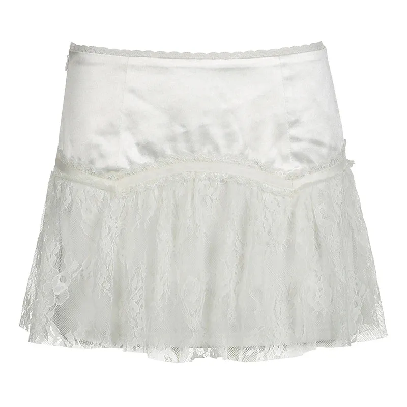 Chic French White Lace Skirt Women Y2K Fashion Spliced A-Line Folds Summer Mini Skirts Double Layer Party Bottoms New