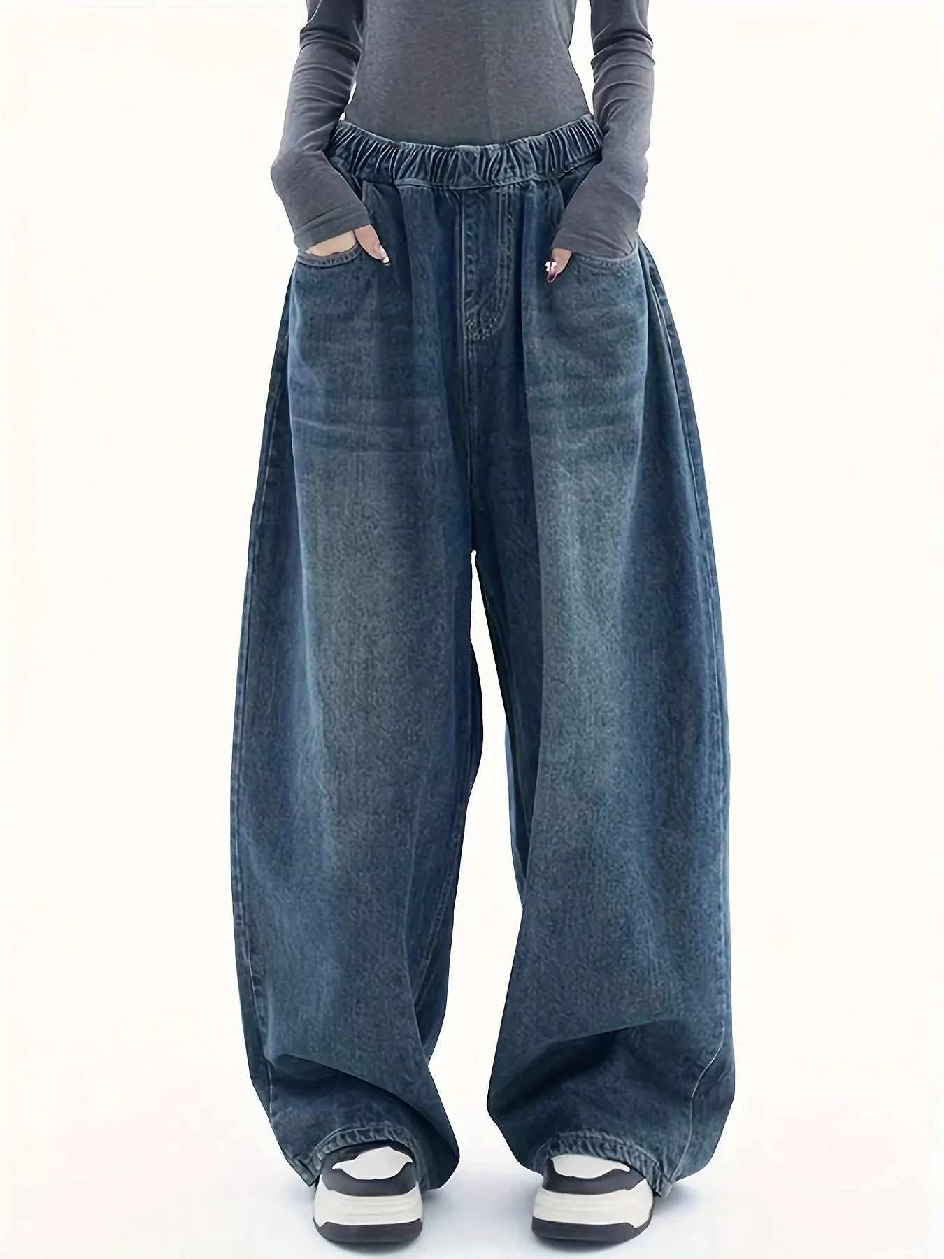 Chic Y2k Baggy Denim Pants - Wide Leg Elastic Waist for Women - Comfortable & Stylish Loose Fit Streetwear Jeans with Slant Pockets