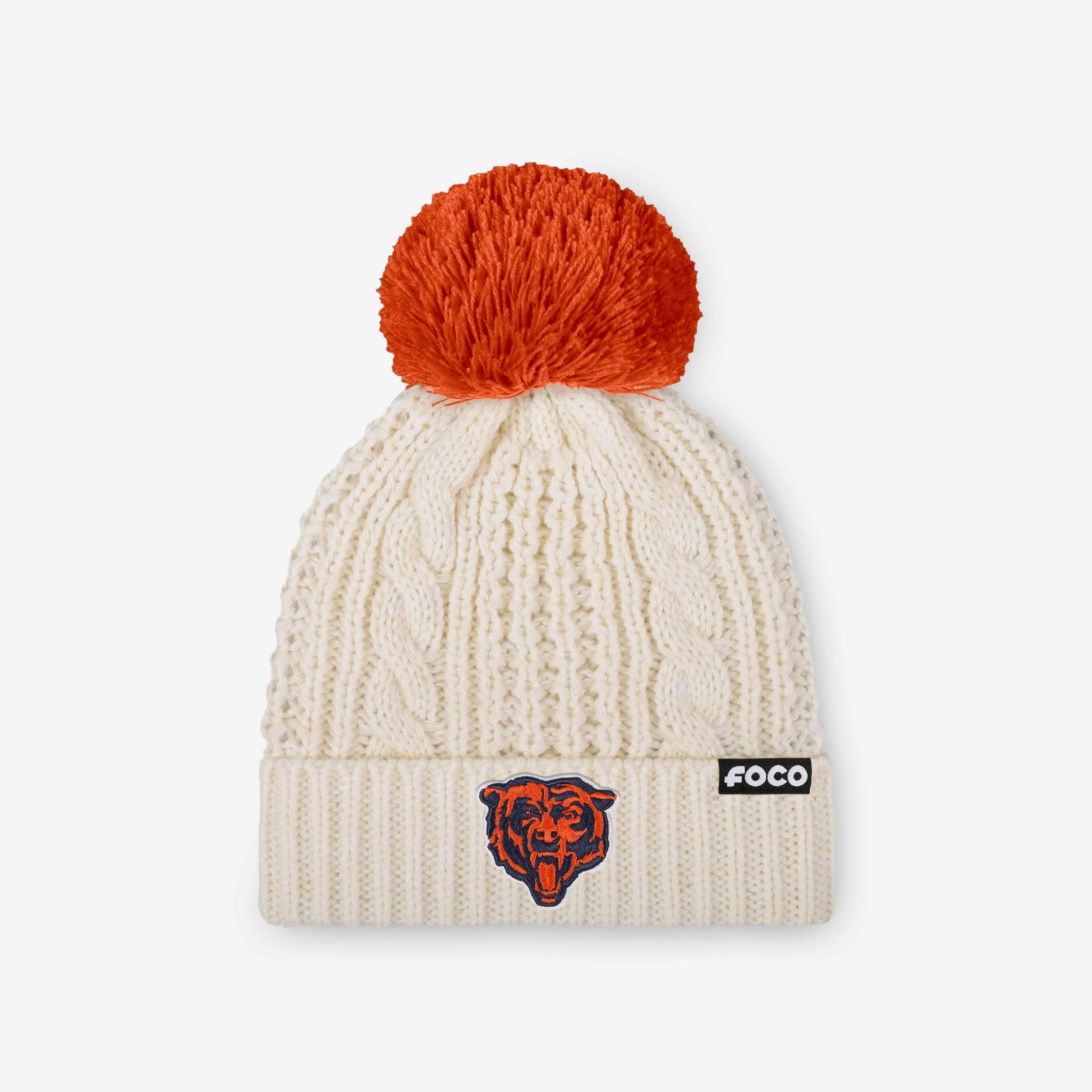 Chicago Bears Womens Primary Logo White Cable Knit Pom Beanie