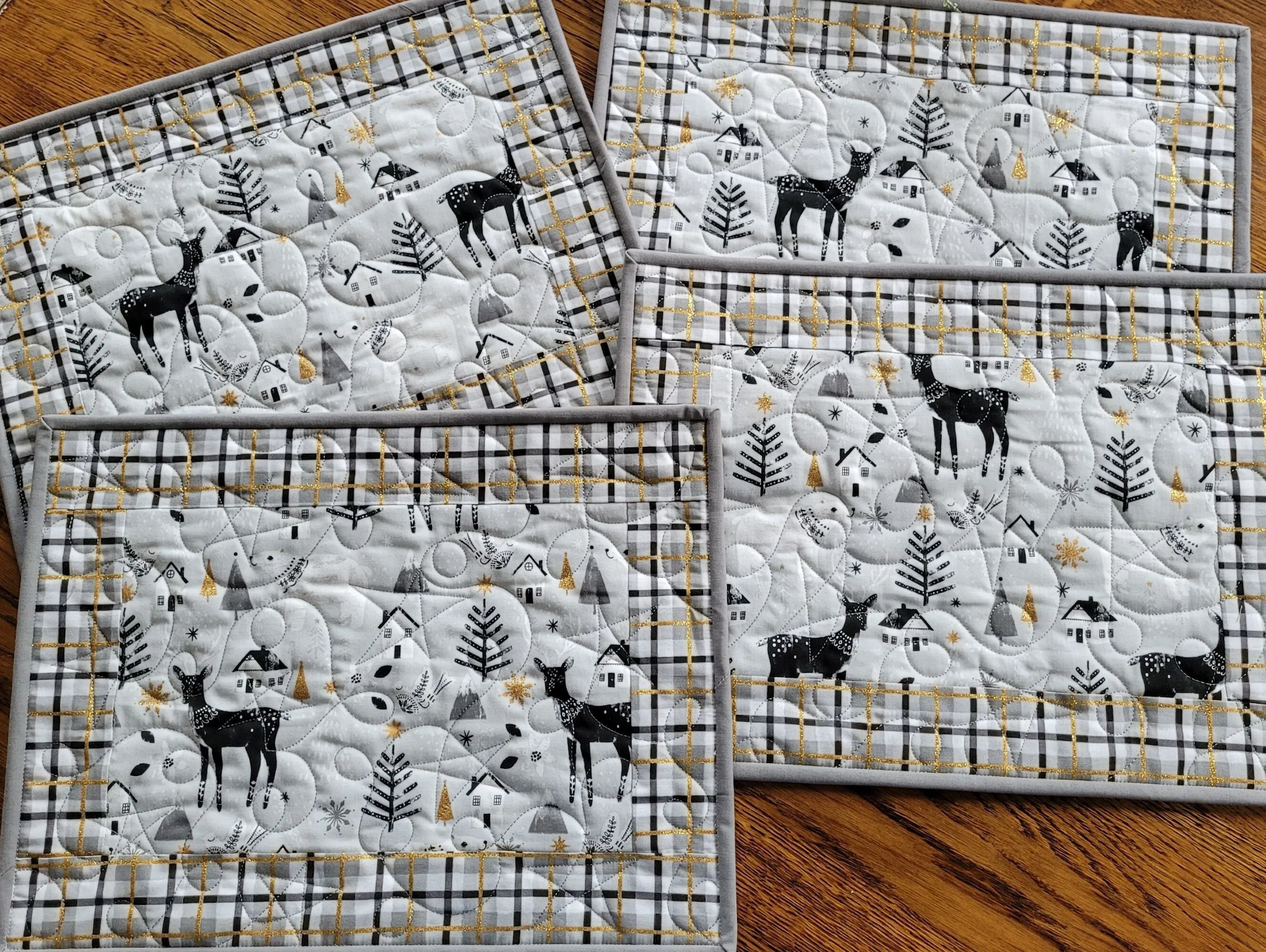 Christmas Placemats | Quilted Plaid Table Mats with Reindeer, Winter Trees and Gold Metallic Accents