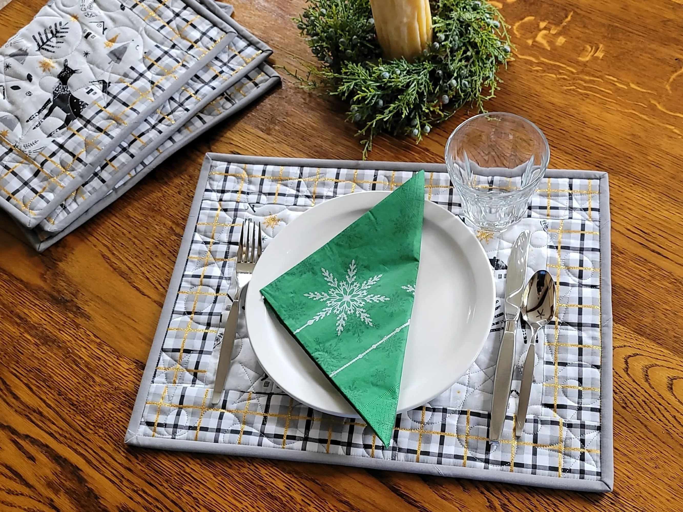 Christmas Placemats | Quilted Plaid Table Mats with Reindeer, Winter Trees and Gold Metallic Accents