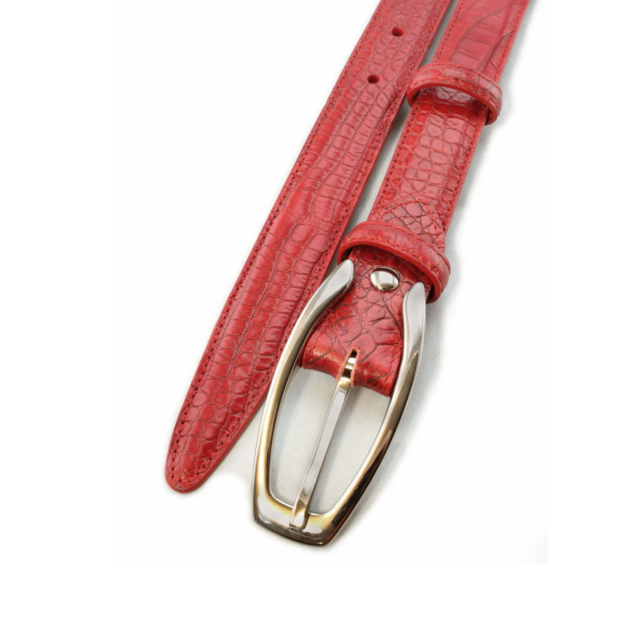 Classic red mock crocodile slim belt