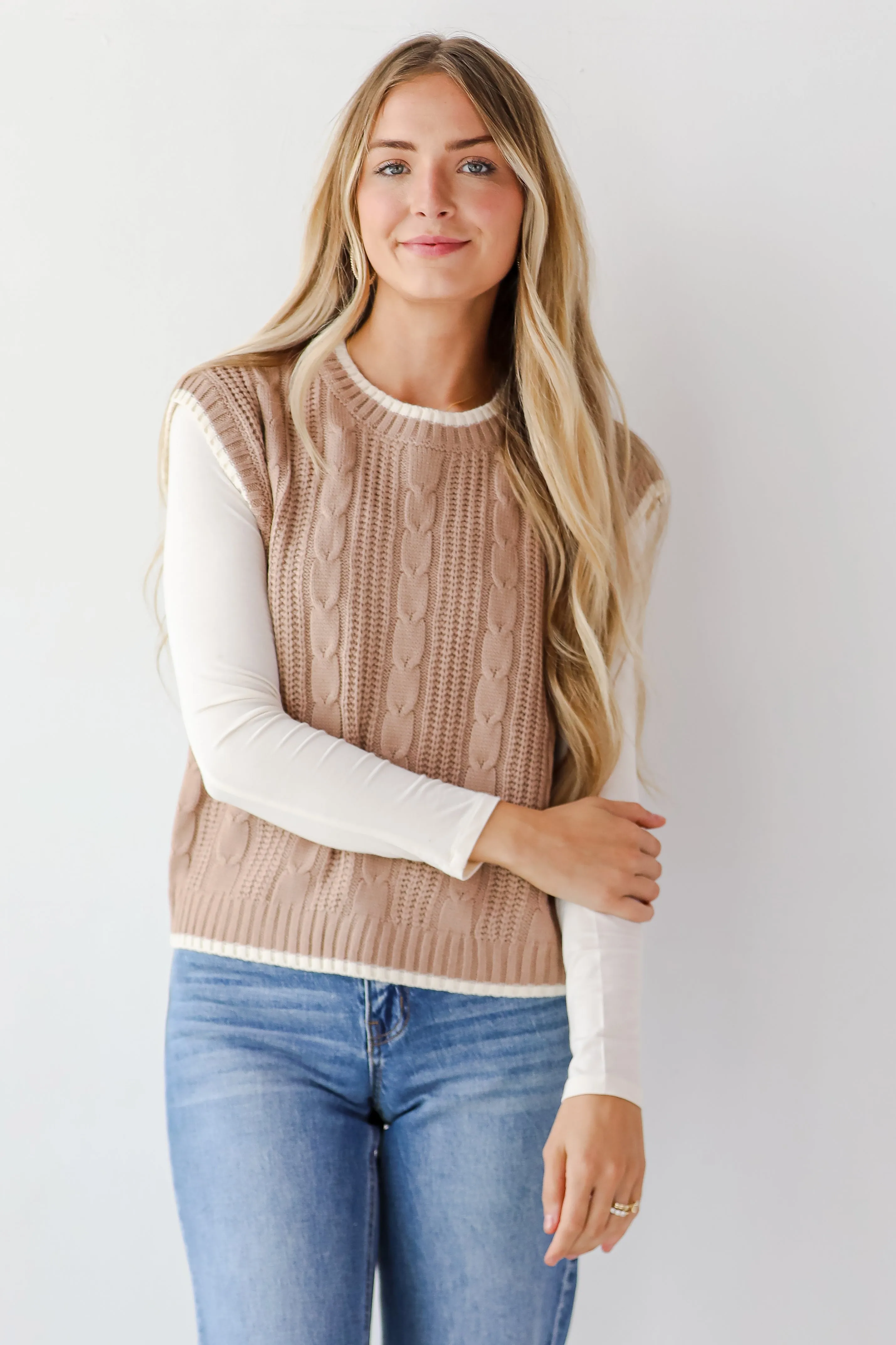 Cozy Outlook Taupe Cable Knit Sweater Vest