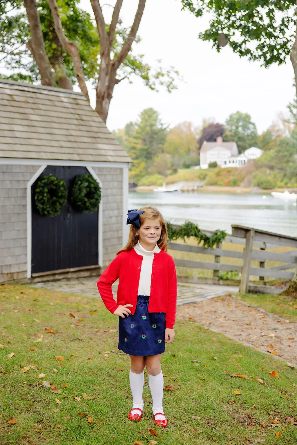 Critter Beasley Bag Skirt - Nantucket Navy with Wreath Embroidery