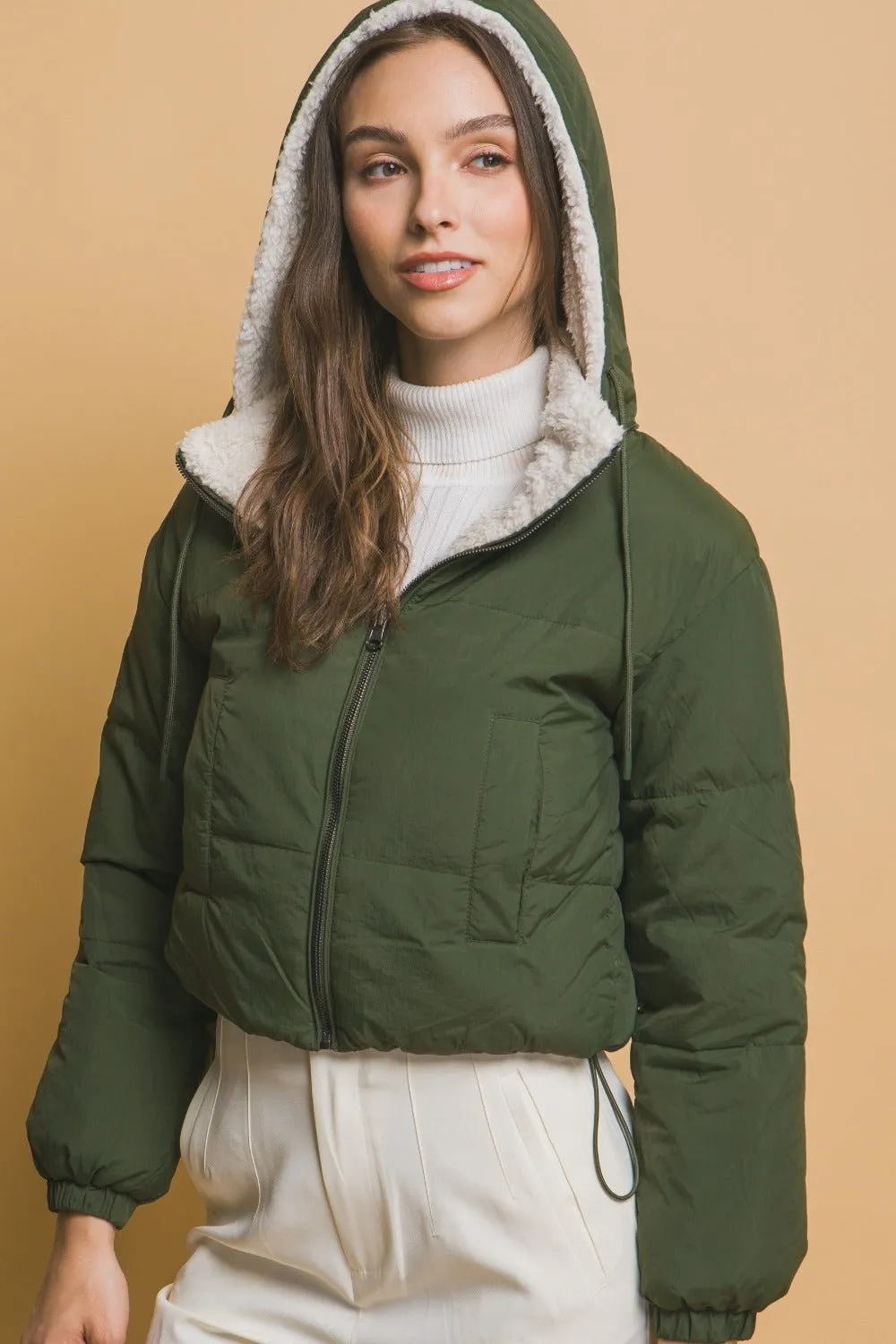 Cropped Hooded Sherpa Reversible Jacket