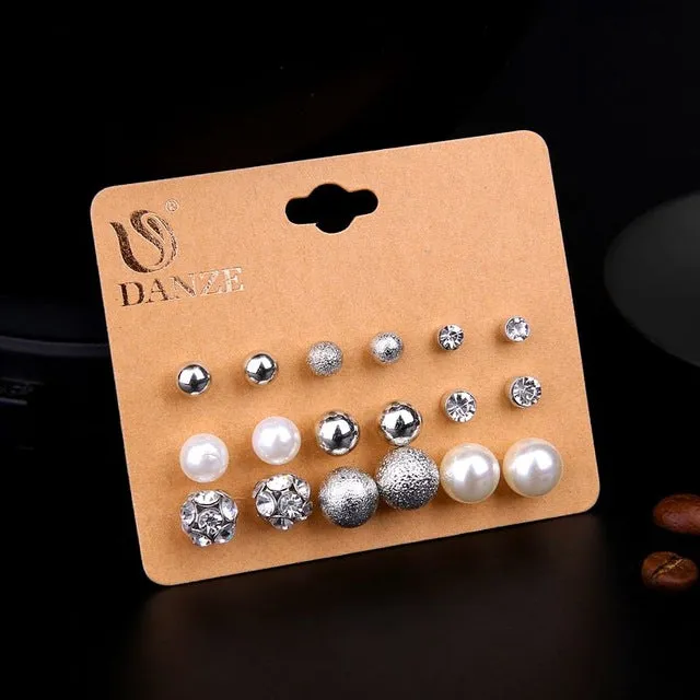 DANZE 12 Pair /Lot Fashion Classic Crystal Stud Earrings Set For Women Simulated Pearl Jewelry Wholesale Price 7 Style Brincos