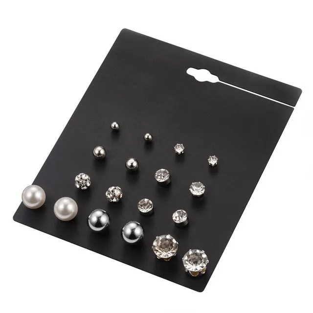 DANZE 12 Pair /Lot Fashion Classic Crystal Stud Earrings Set For Women Simulated Pearl Jewelry Wholesale Price 7 Style Brincos