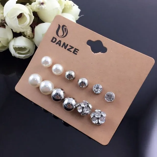 DANZE 12 Pair /Lot Fashion Classic Crystal Stud Earrings Set For Women Simulated Pearl Jewelry Wholesale Price 7 Style Brincos