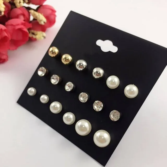 DANZE 12 Pair /Lot Fashion Classic Crystal Stud Earrings Set For Women Simulated Pearl Jewelry Wholesale Price 7 Style Brincos