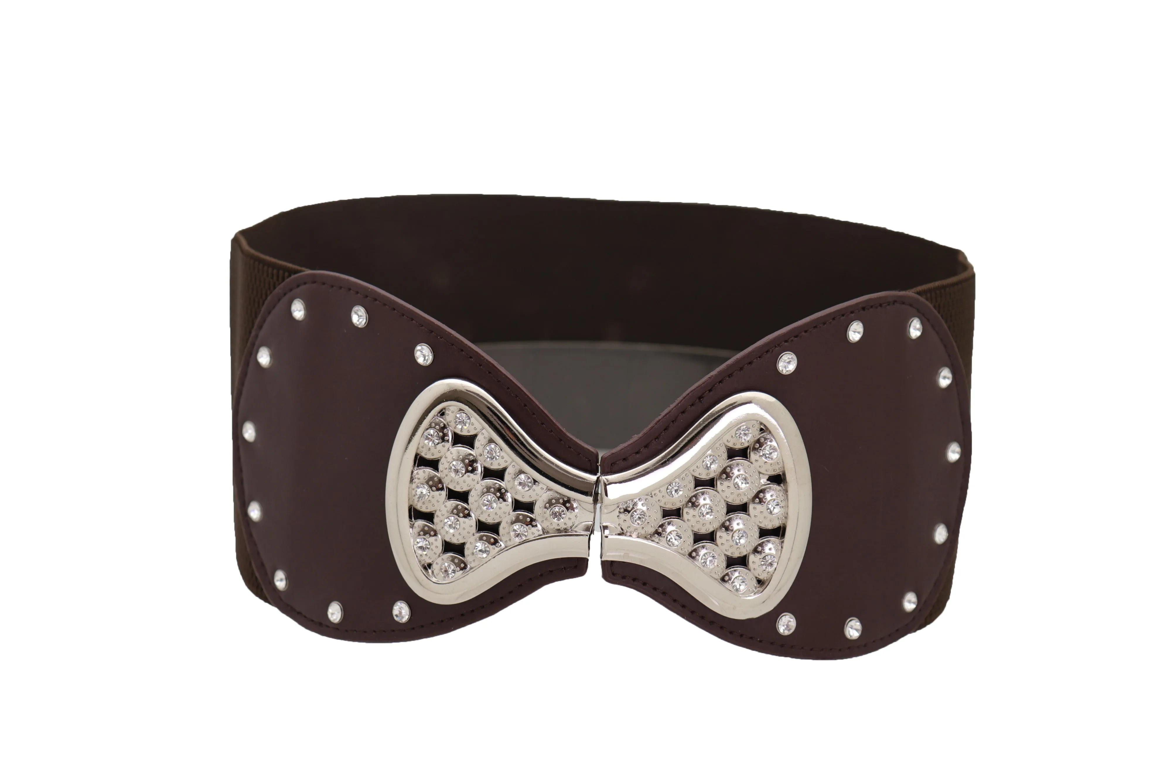 Dark Brown Wide Faux Leather Elastic Band Belt Silver Bow Tie Buckle S M