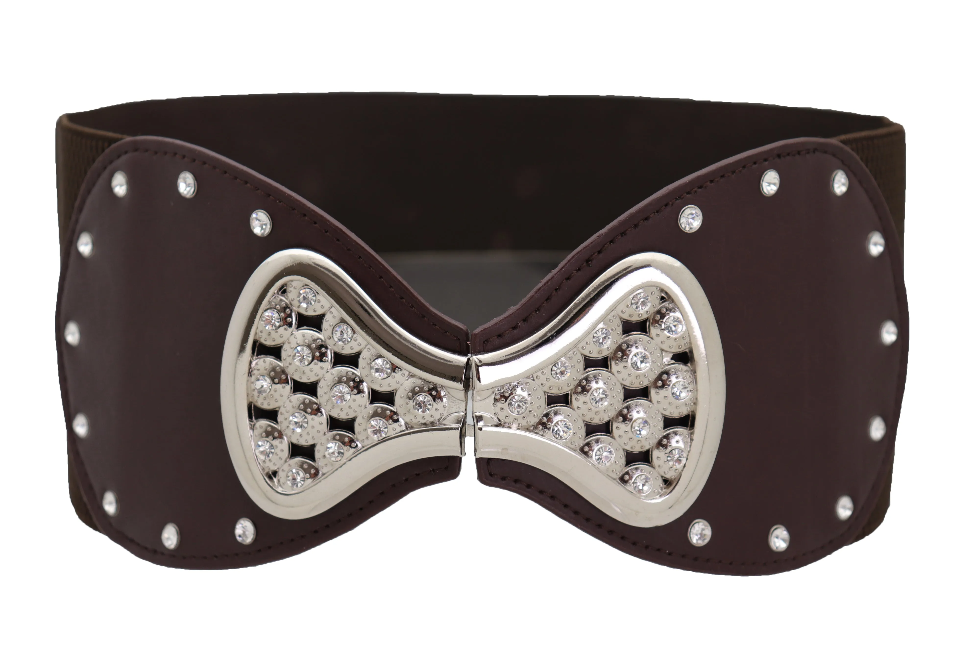 Dark Brown Wide Faux Leather Elastic Band Belt Silver Bow Tie Buckle S M