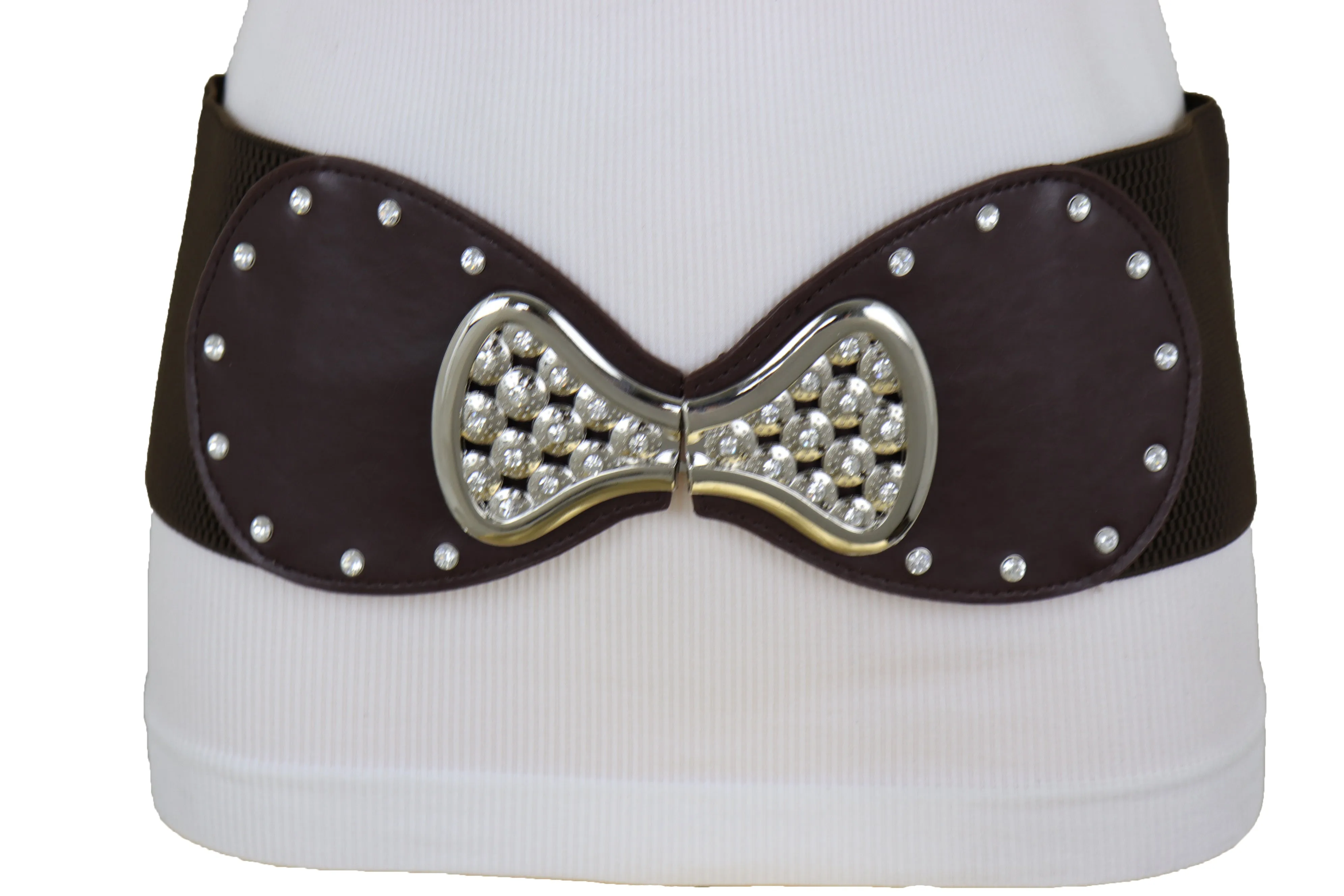 Dark Brown Wide Faux Leather Elastic Band Belt Silver Bow Tie Buckle S M