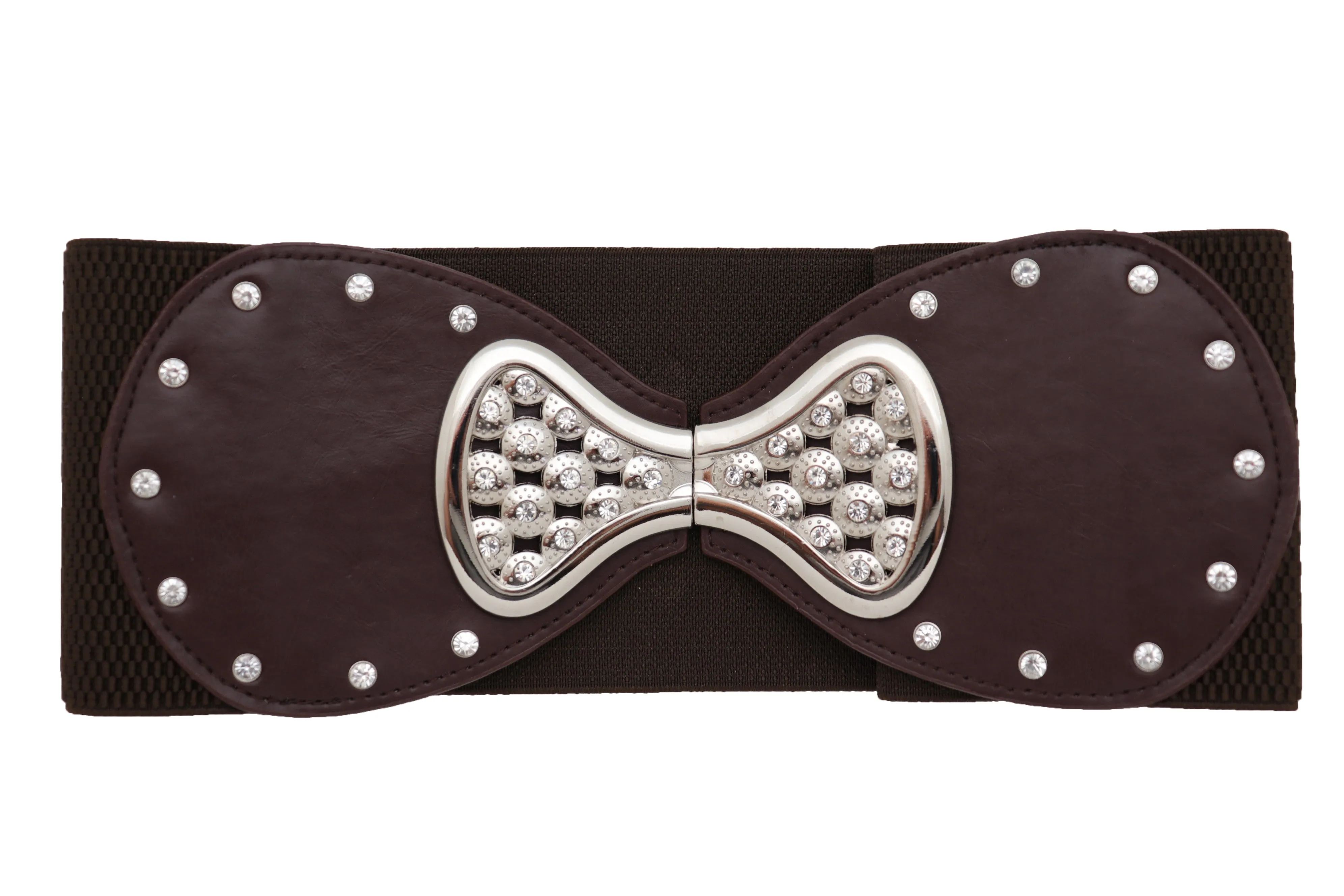 Dark Brown Wide Faux Leather Elastic Band Belt Silver Bow Tie Buckle S M