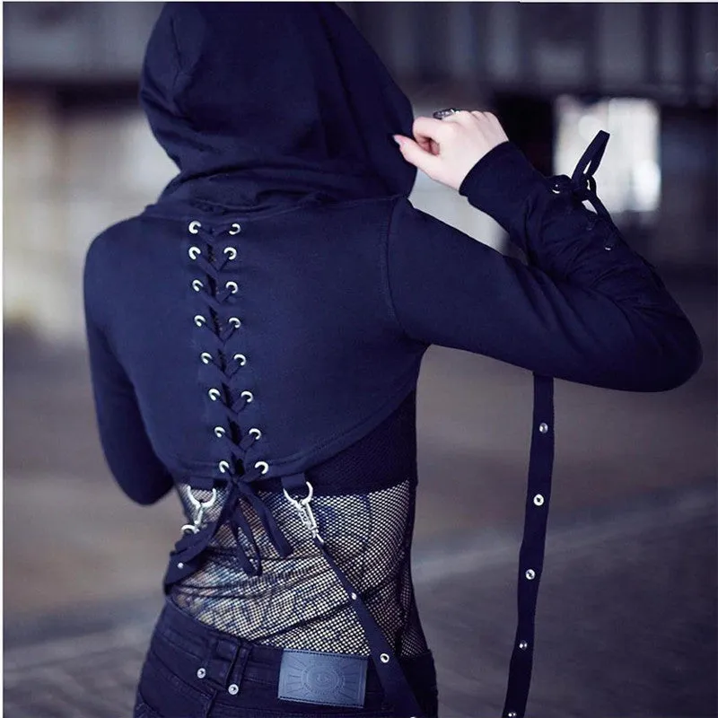 Dark gothic bandage chain lace up back buttonhole hooded crop top long sleeve sweatshirt balero