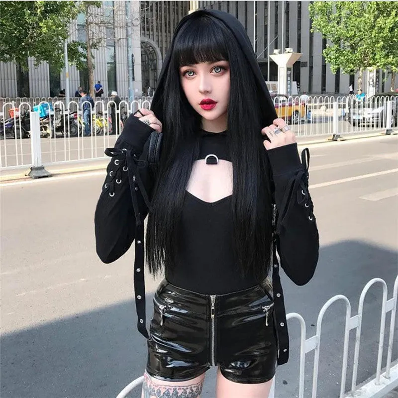 Dark gothic bandage chain lace up back buttonhole hooded crop top long sleeve sweatshirt balero