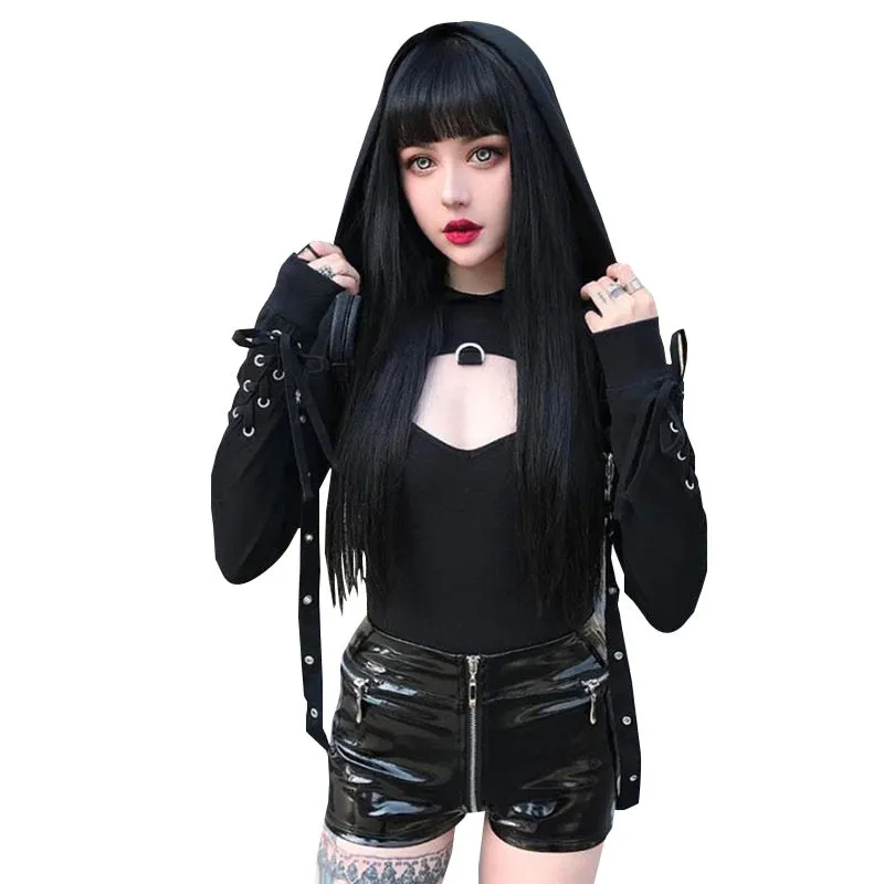 Dark gothic bandage chain lace up back buttonhole hooded crop top long sleeve sweatshirt balero