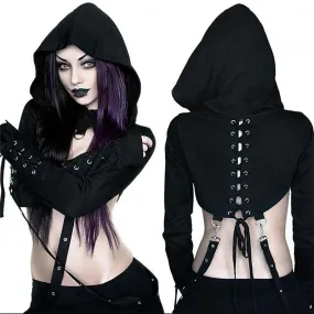 Dark gothic bandage chain lace up back buttonhole hooded crop top long sleeve sweatshirt balero