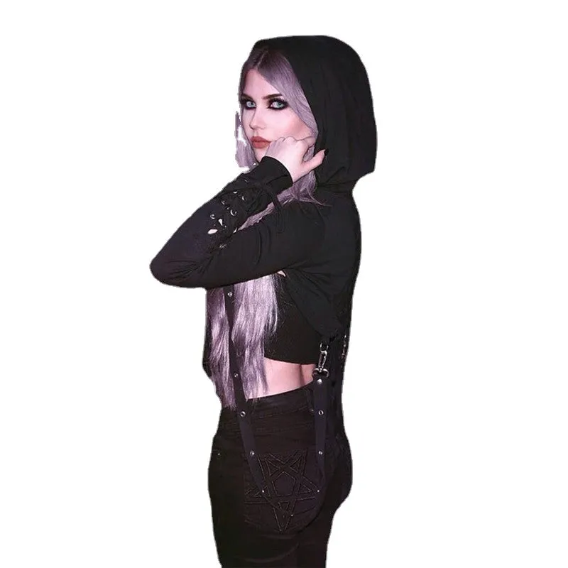 Dark gothic bandage chain lace up back buttonhole hooded crop top long sleeve sweatshirt balero