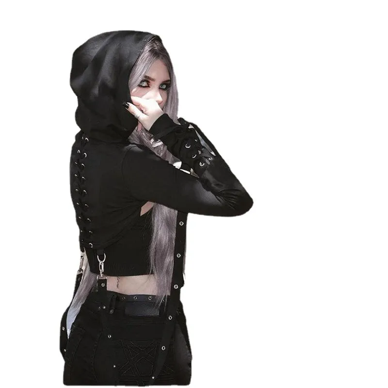 Dark gothic bandage chain lace up back buttonhole hooded crop top long sleeve sweatshirt balero