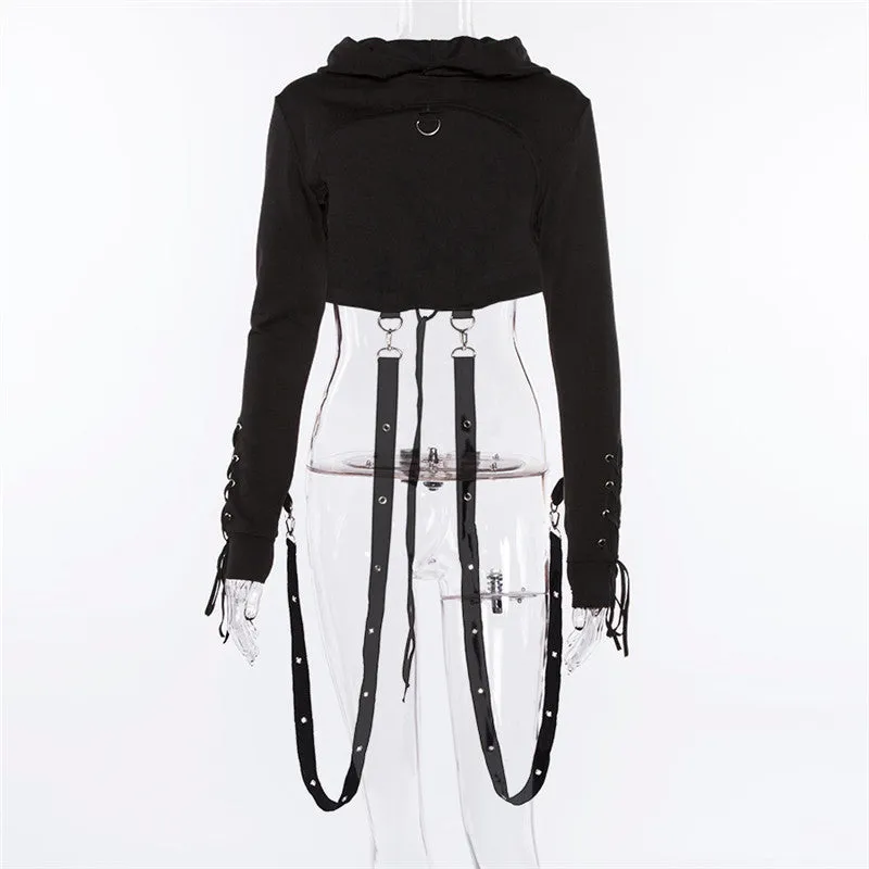 Dark gothic bandage chain lace up back buttonhole hooded crop top long sleeve sweatshirt balero