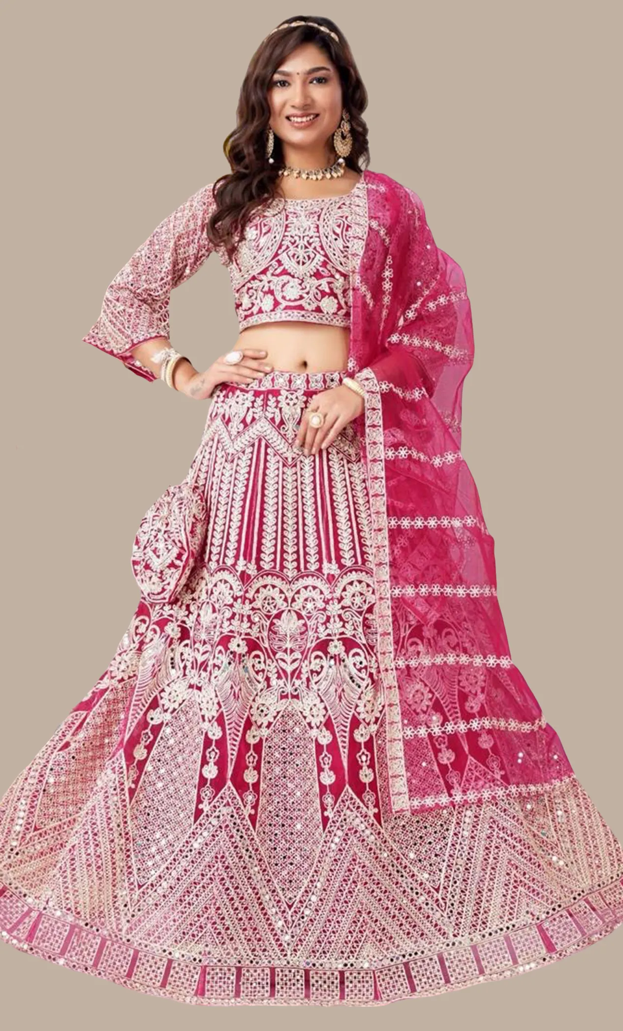 Deep Cerise Embroidered Chania Choli Set