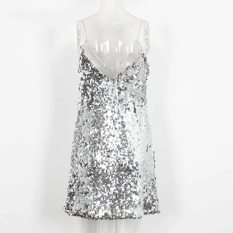 Deep V-Neck Silver Sequin Dress | Sleeveless Evening/Party Short Dress