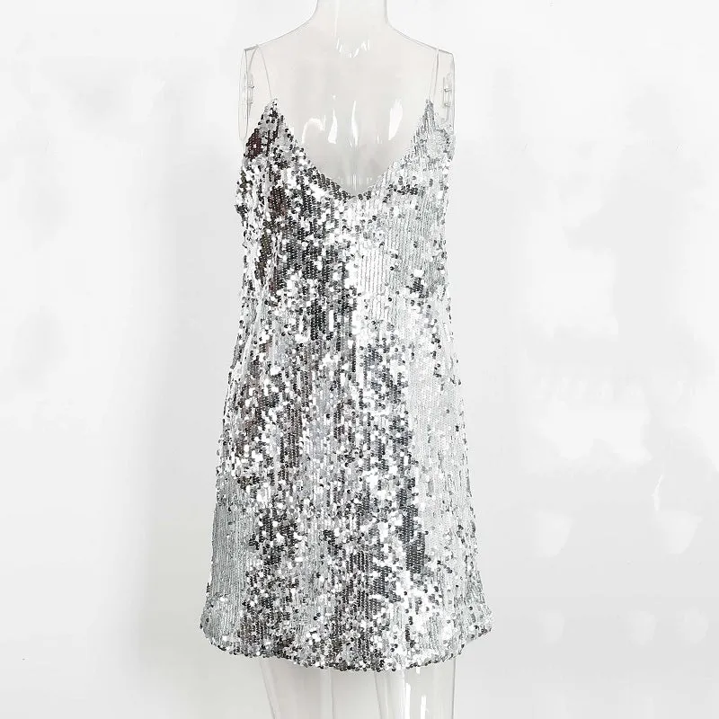 Deep V-Neck Silver Sequin Dress | Sleeveless Evening/Party Short Dress