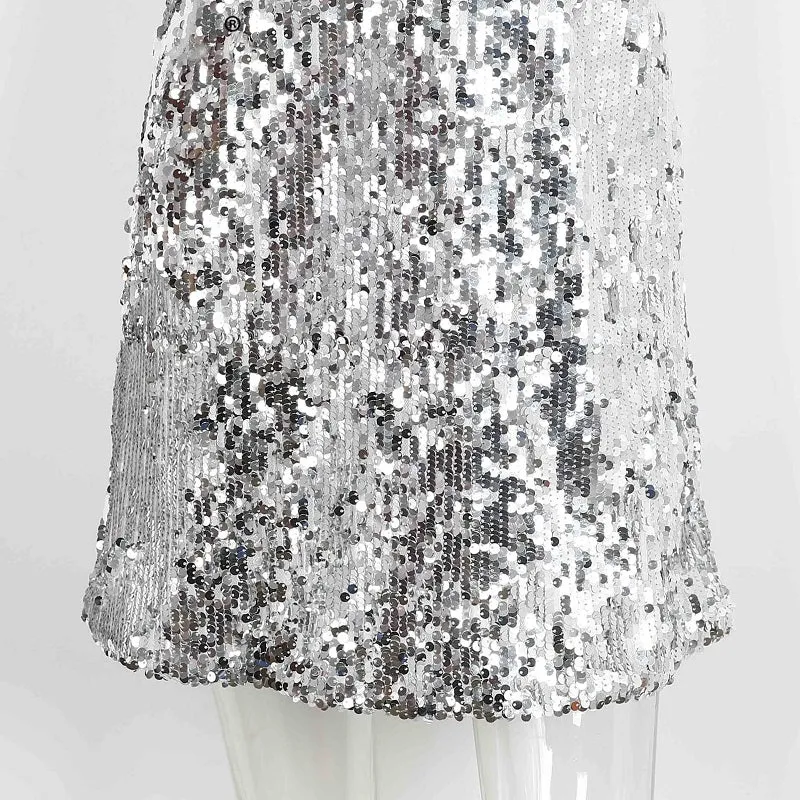 Deep V-Neck Silver Sequin Dress | Sleeveless Evening/Party Short Dress