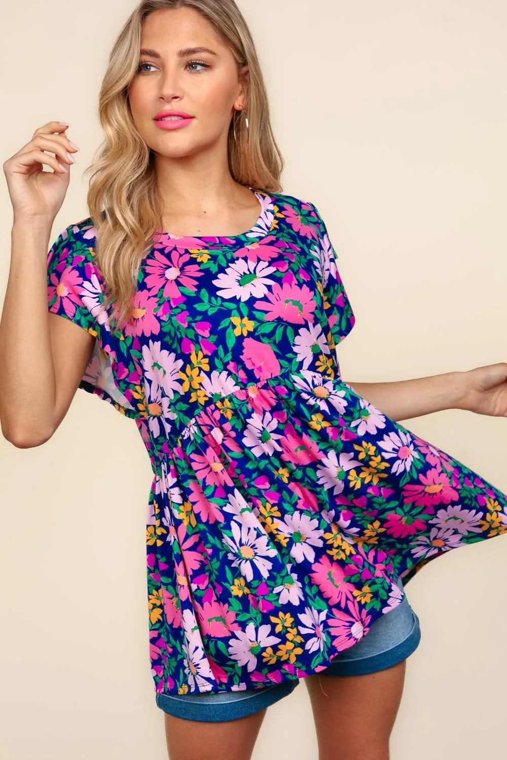 DOORBUSTER: Floral Peplum Ruffle Short Sleeve Top - Navy/Lilac