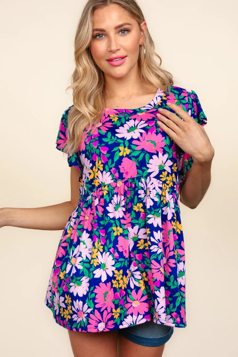 DOORBUSTER: Floral Peplum Ruffle Short Sleeve Top - Navy/Lilac