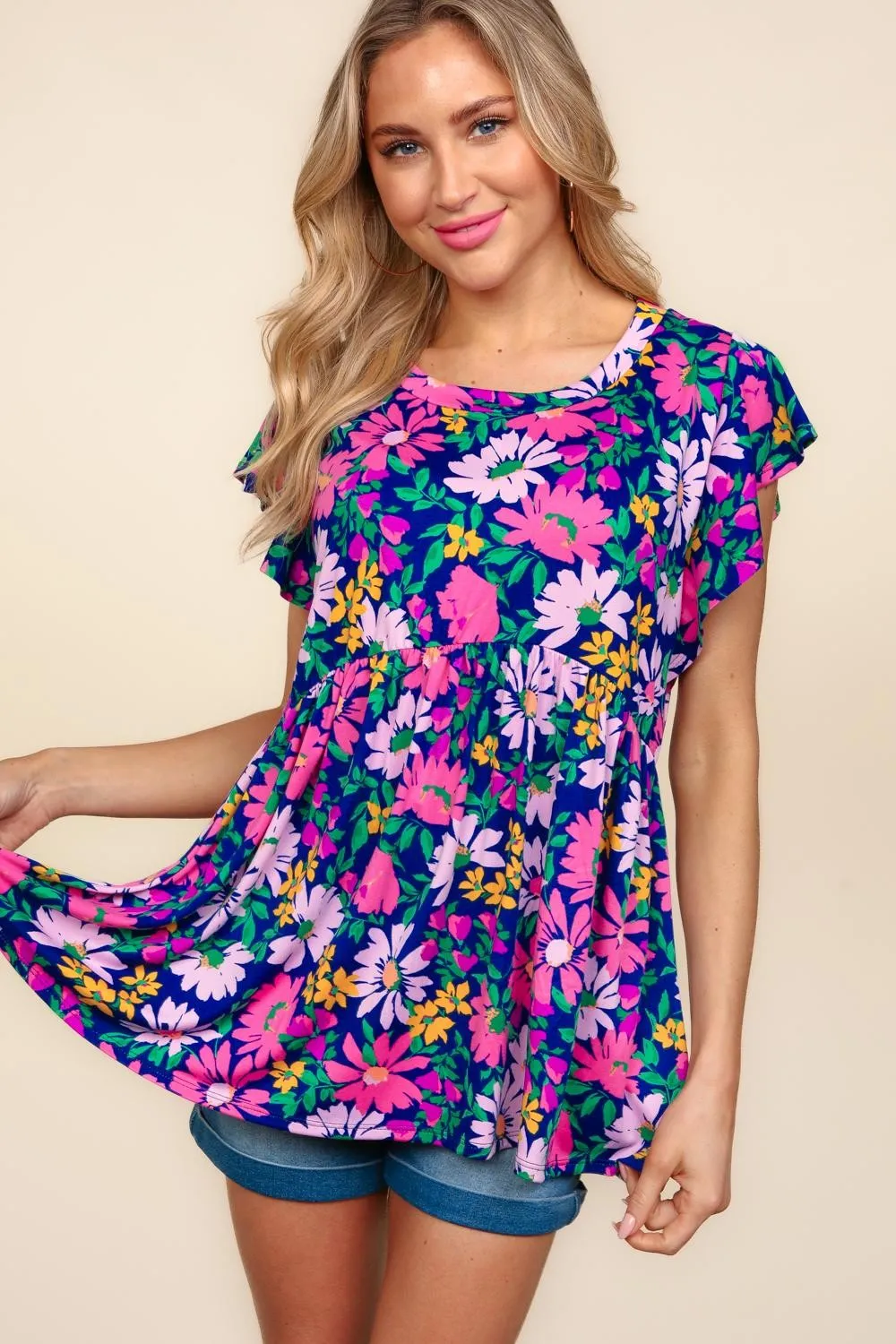 DOORBUSTER: Floral Peplum Ruffle Short Sleeve Top - Navy/Lilac